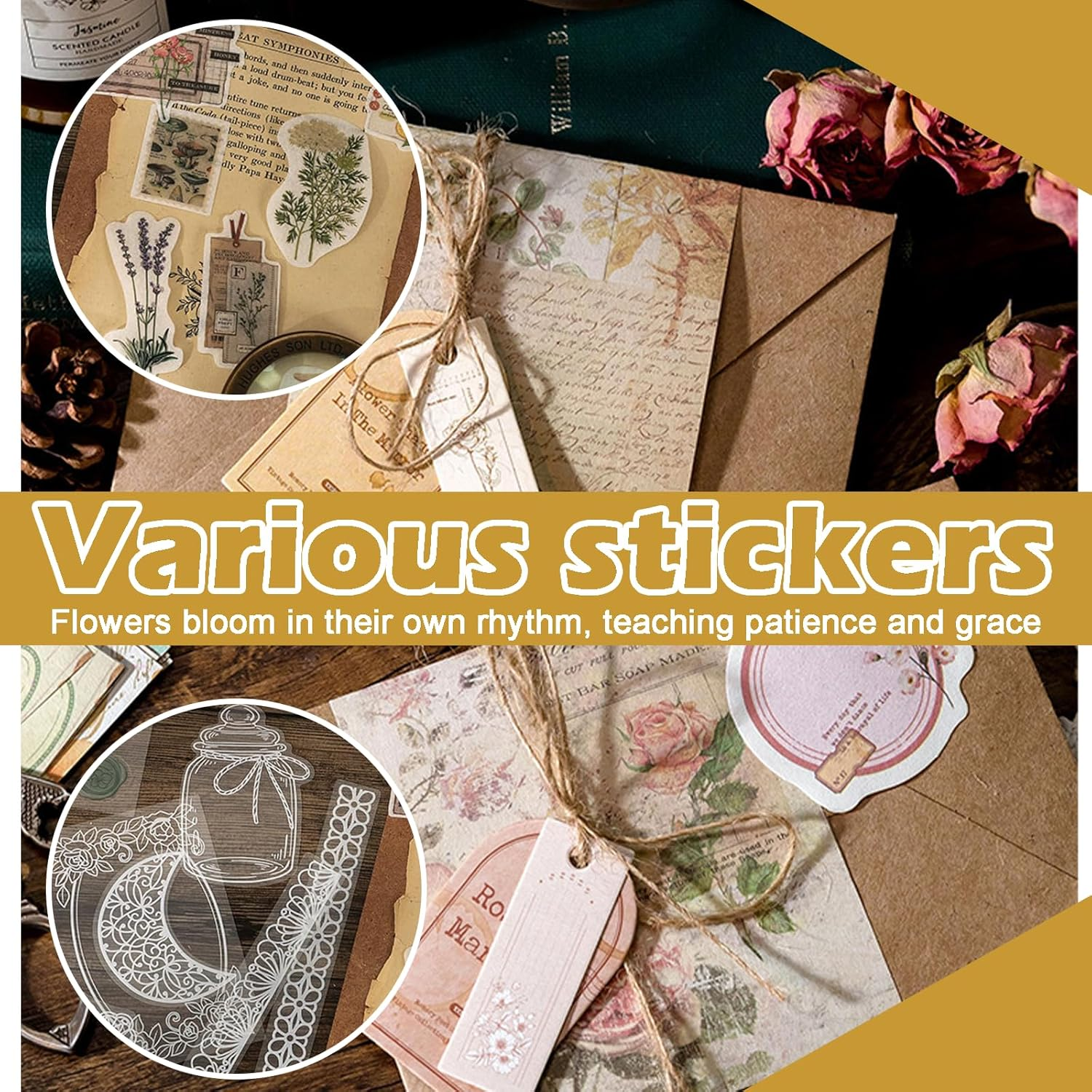 Treayes Scrapbooking Supplies Pack with Scrapbook Stickers and Journal Stickers (100 Pieces) for Art Journaling Planners DIY Paper Craft Kits Notebook Collage Album Aesthetic Picture Frames(Nature) image number 5