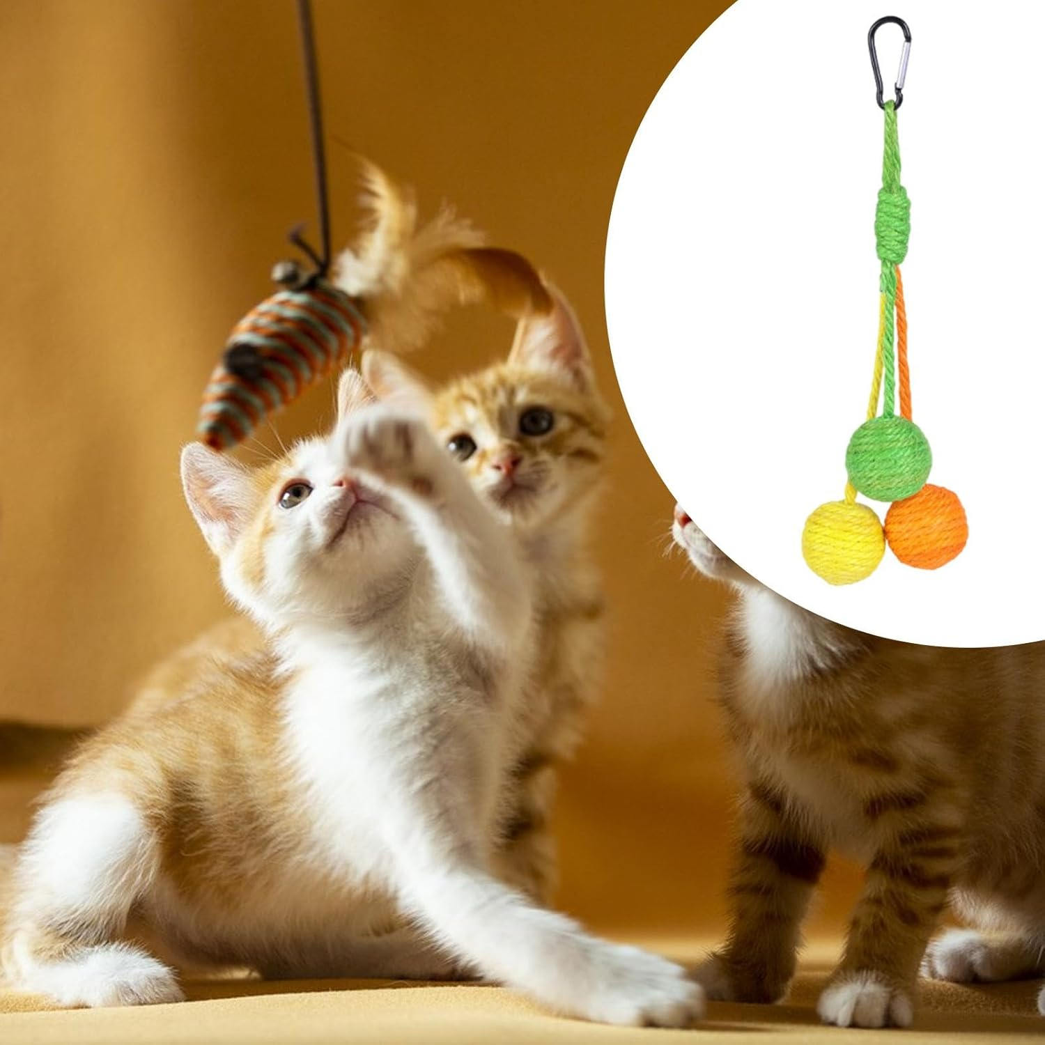 Yuksok Cat Toy Sisal Ball Scratching Ball Chew Self Play Bite Pet Supplies Eco Friendly 32Cm Length Hanging Cat Toy Long Rope Teaser, Yellow Orange Green