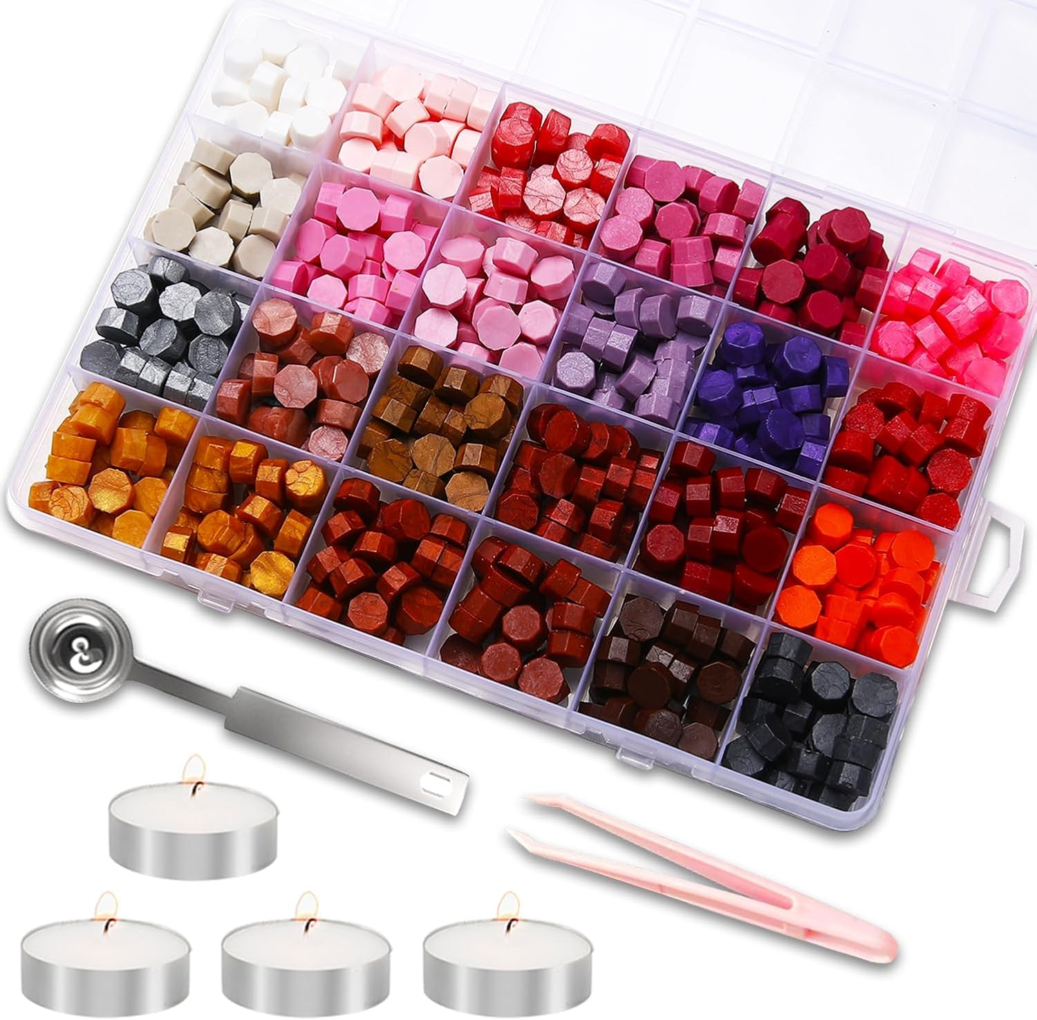 630PCS Sealing Wax Beads Set, 24 Color Beads with Wax Spoon, Tea Candles, Tweezer for Envelope Seals, Invitations, Letters, and DIY Crafts (#01)