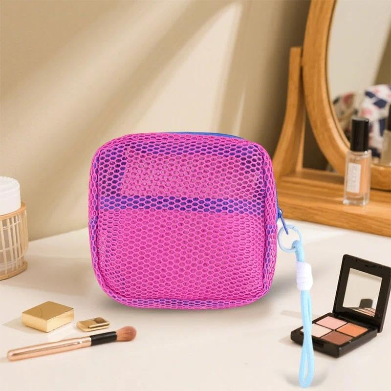 Portable Cosmetic Organizer Storage Mesh Makeup Bags Portable Coins Credit Cards Case Travel Lipstick Skincare Pouch Daily Small Objects Jewelry Pouches with Strap, Hot Pink image number 2