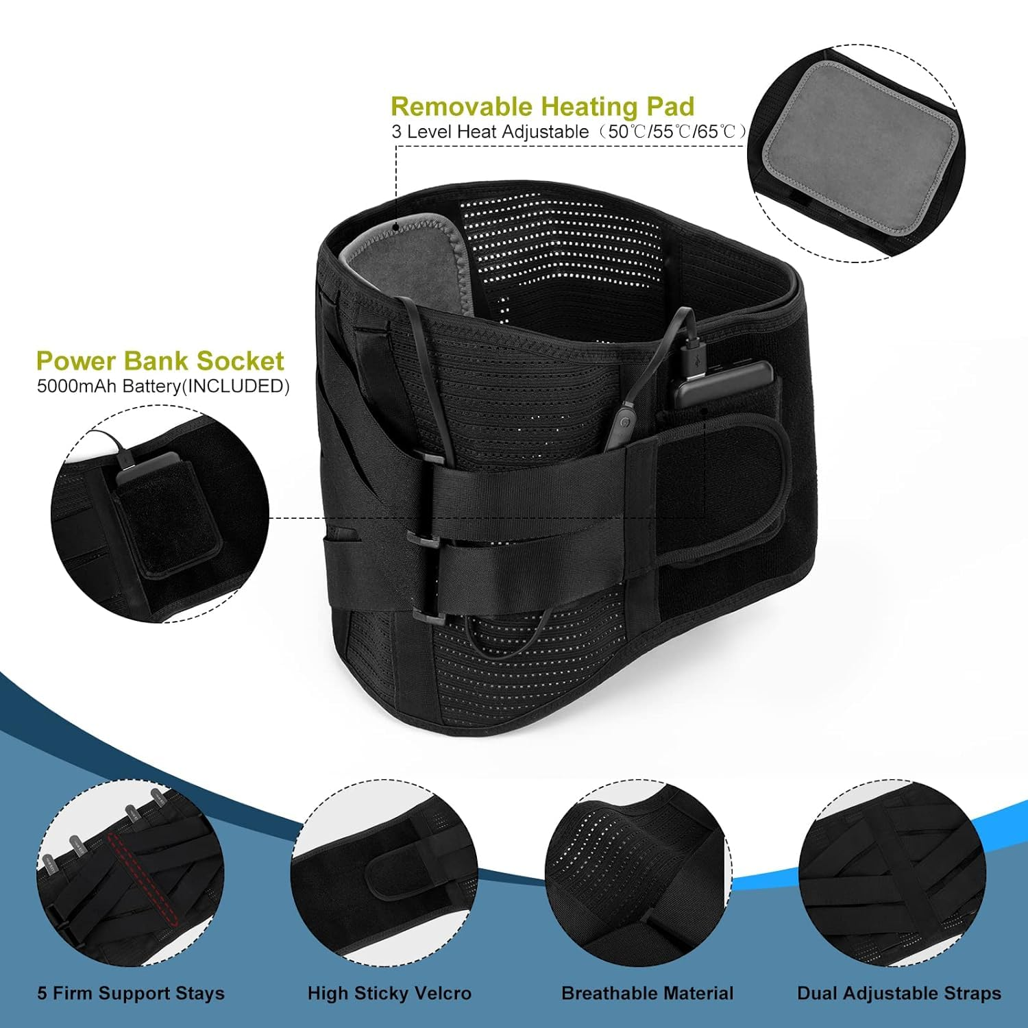 HONGJING Back Support Belt with Heat for Lower Back Pain Relief, Rechargeable Back Bace with 3 Temperature for Herniated Disc, Sciatica, Works for Men or Women (L) image number 2
