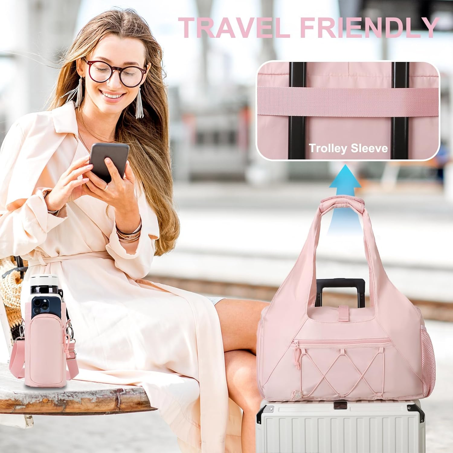 LEFAFA Gym Bag for Women, Lightweight Travel Duffel Bag with Shoe Compartment, Weekender Overnight Bags with Wet Pocket and Bottle Carrier Bag, Workout Yoga Gym Bags for Travel, Gym, Sports, Pink image number 5