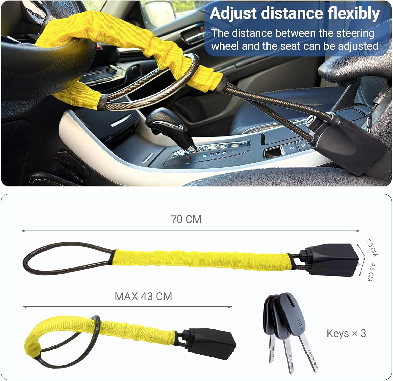 Car Steering Wheel Lock, Lightweight anti Theft Club Lock, 43Cm Universal Seat Belt Buckles Sturdy Lock with 3 Keys, Fit Most Vehicle Car SUV Truck Van (Yellow) image number 4