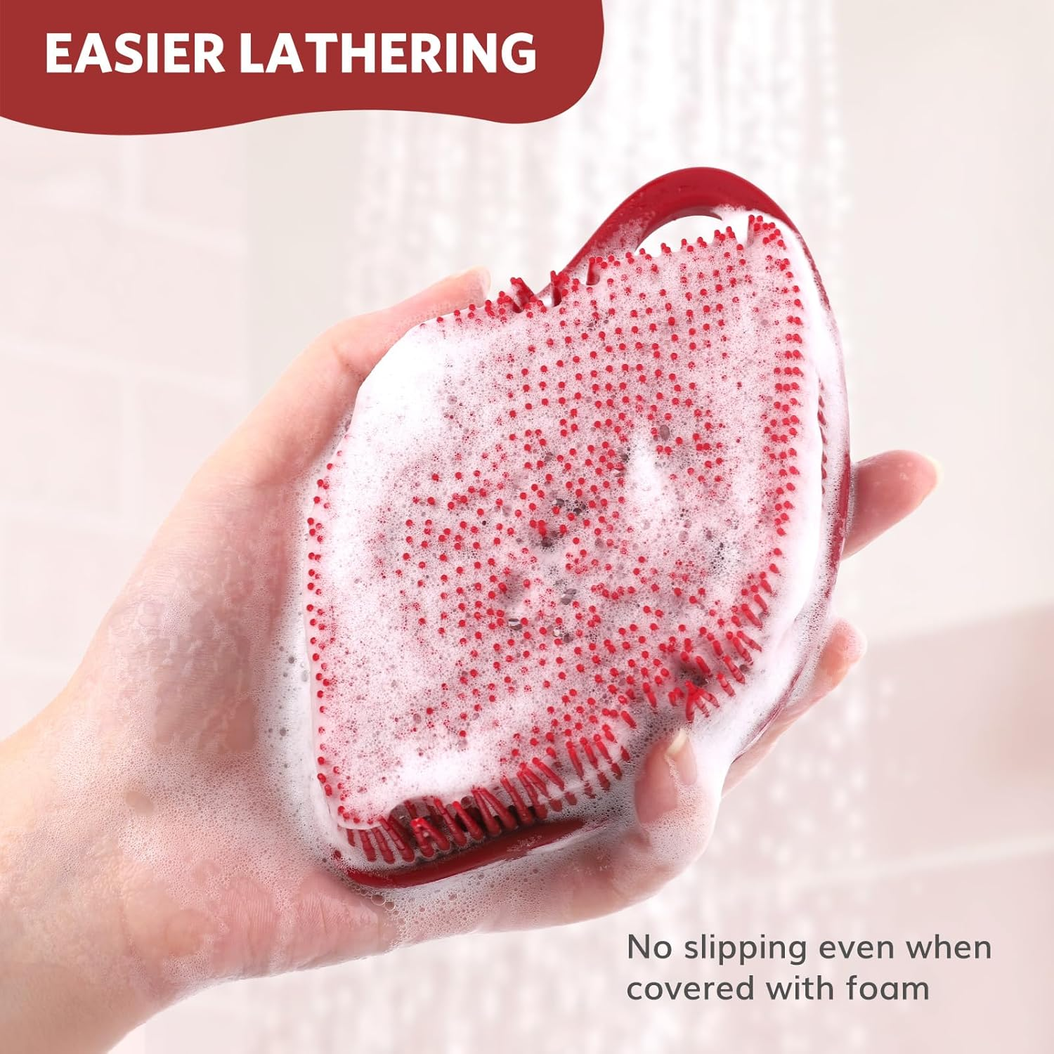 Sndyi Silicone Body Scrubber, Gentle Exfoliating Body Scrubber for Sensitive Skin, Leaf Shaped Shower Scrubber for Body with Lathering Bristles, Silicone Loofah Body Brush for Showering, Christmas Red