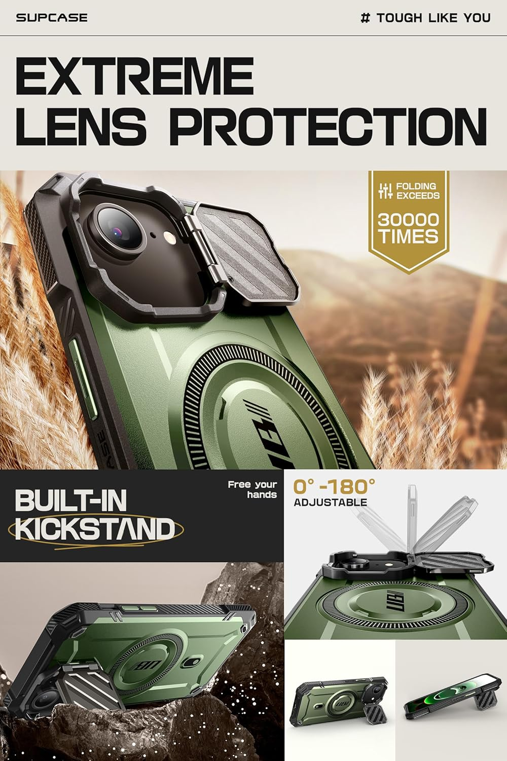 SUPCASE for Iphone 16E/15/14/13 Case with Camera Cover Stand (Ubmag XT), [Compatible with Magsafe] [Built-In Kickstand] [Military-Grade Protection] Heavy Duty Case for Iphone 16E 6.1", (Guldan) image number 2