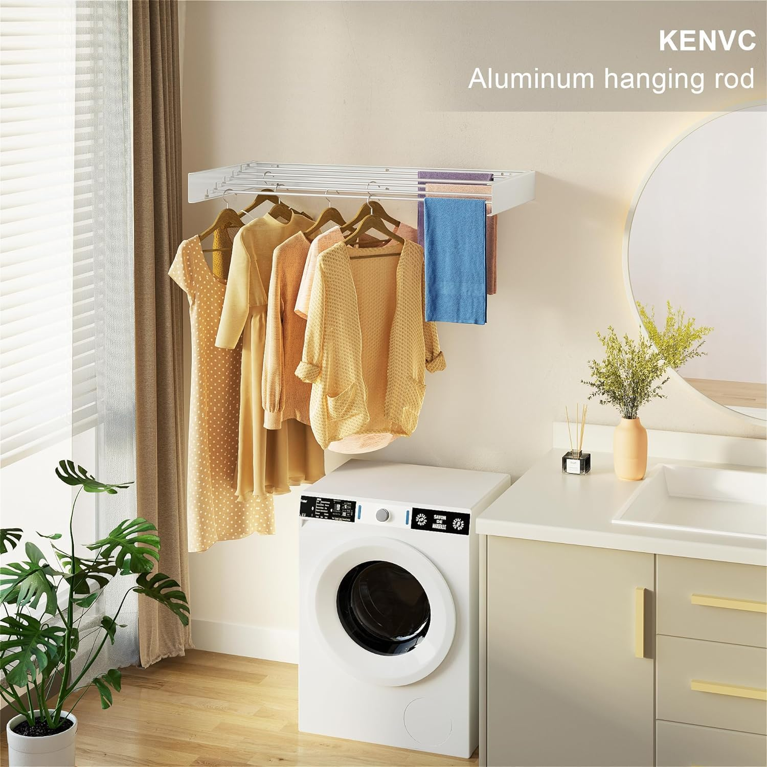 Laundry Drying Rack Wall Mounted,Collapsible Clothes Drying Rack,Foldable Indoor and Outdoor Clothes Rack,Retractable Clothes Drying Rack,60Lbs Capacity W/Template Screwdriver Drill Bit (White, 100Cm) image number 3