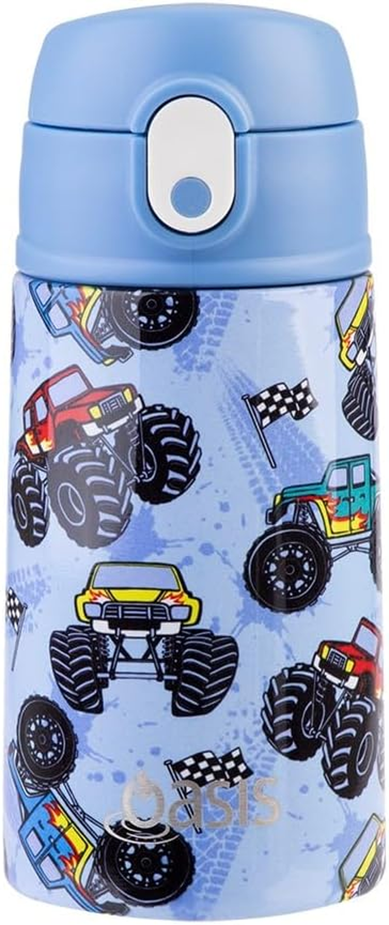 Oasis Stainless Steel Double Wall Insulated Kid'S Drink Bottle with Sipper Straw 400 Ml - Monster Trucks