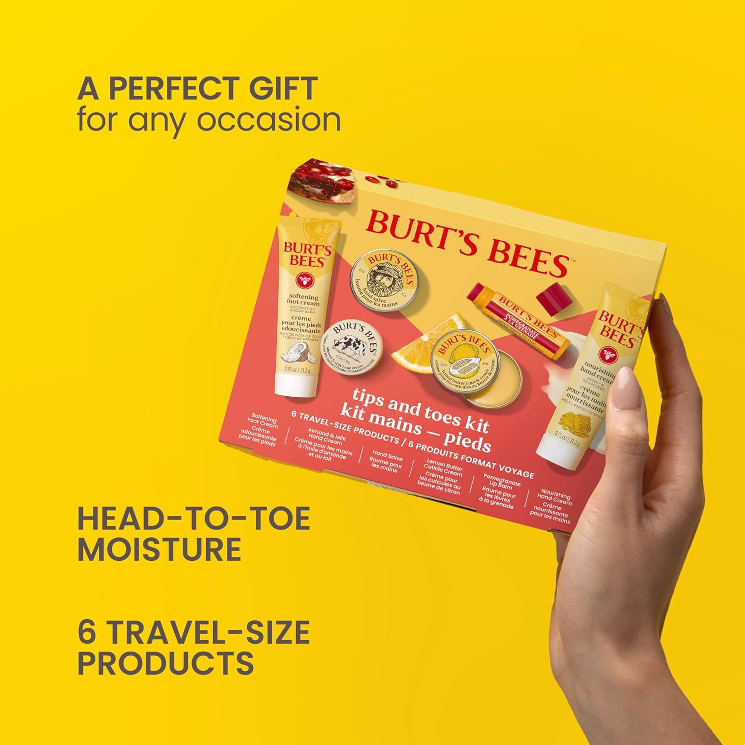 Burt'S Bees Christmas Gifts - Tips and Toes Kit, 6 Travel Size Products for Stocking Stuffers - Pomegranate Moisturizing Lip Balm, 2 Hand Creams, Foot Cream, Cuticle Cream, and Hand Salve image number 1