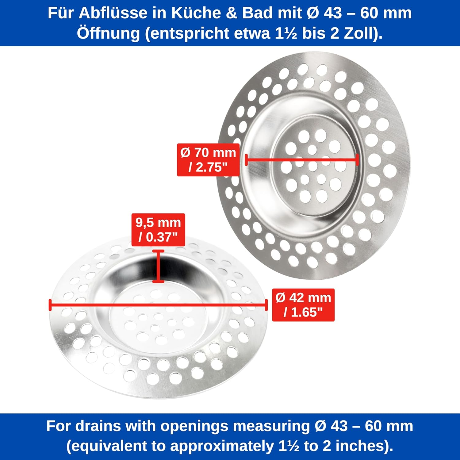 Stainless Steel Drain Strainer 3 Pack Diameter 70Mm outside 42Mm inside Protrudes 9.5Mm Spout Drain Strainer for Kitchen Sink, Sink, Shower Tray, Bathtub, Hair Strainer and Food Scraps Strainer, Hair Filter Basket