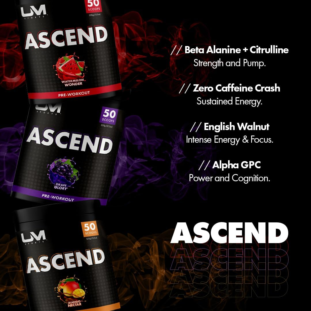 UM Sports Ascend Pre-Workout with Alpha GPC, Beta Alanine and Sustained Release Caffeine for Electric Energy, Focus and Pump - Preworkout Supplement Drink Men Women (Mango Nectar, 50 Serve)