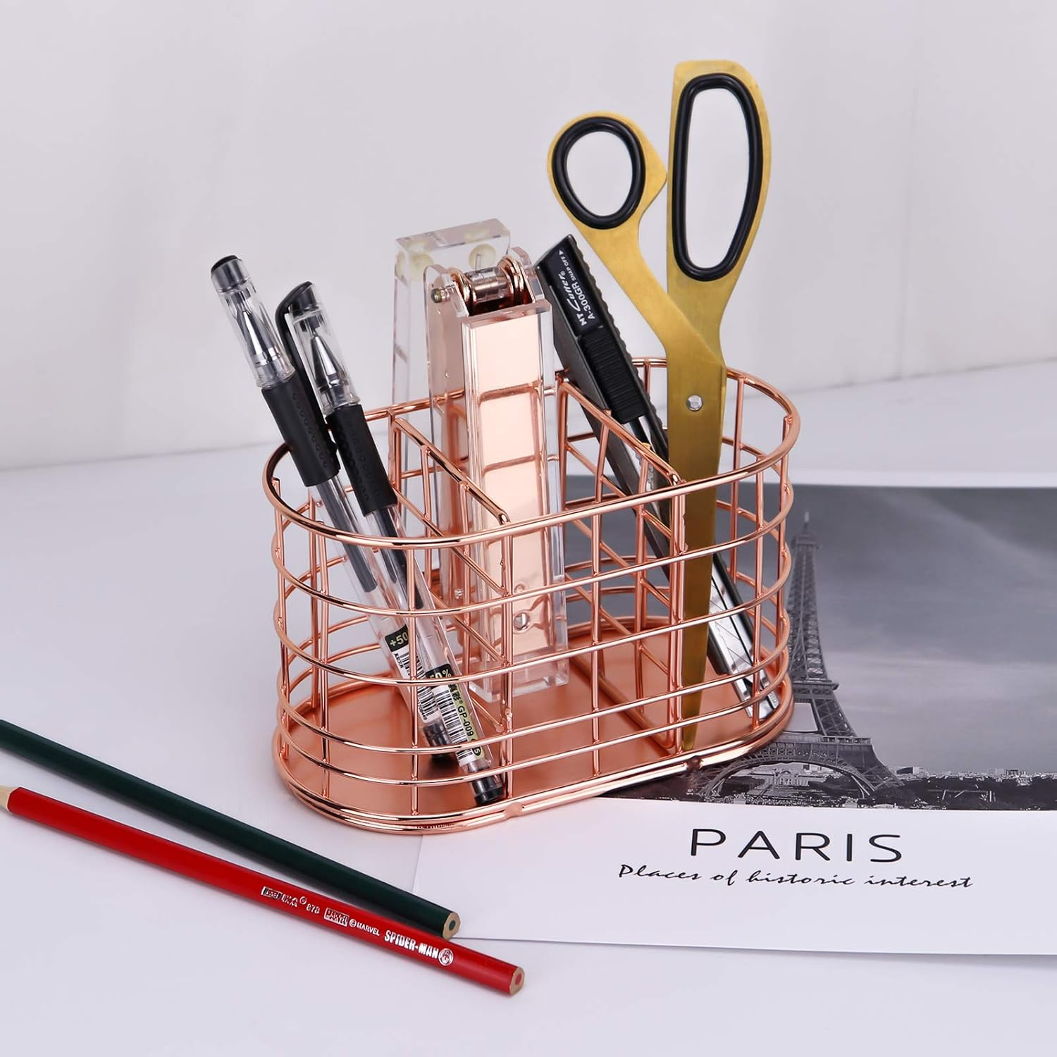 LEORISO Pen Holder with 3 Slots, Metal Desk Accessories Organizer for Home School Office Supplies Organizer, Makeup Brush Holder, Rose Gold image number 1