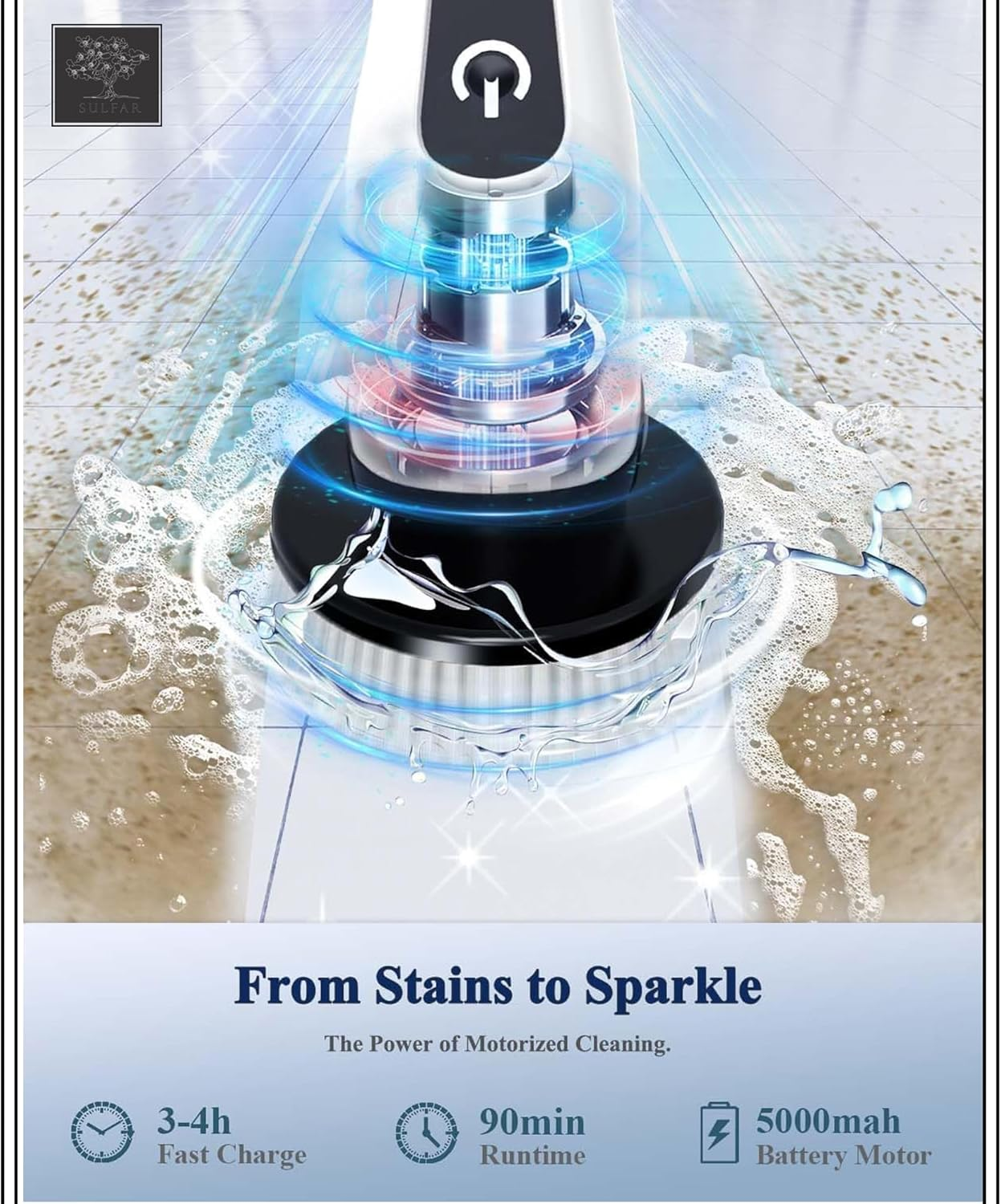 Sulfar Electric Spin Scrubber, Cordless Cleaning Brush with 7 Replaceable Drill Brush Heads and 54 Inch Adjustable Extension Arm, Power Shower Scrubber for Bathroom, Kitchen, Floor, Tile, Tub image number 4