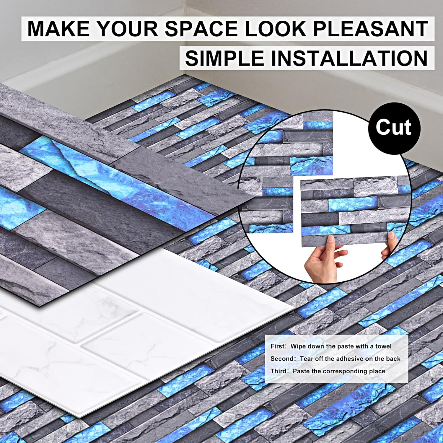 Ztowoto 12 PCS Tile Stickers Self Adhesive,Waterproof Peel and Stick Wall Tiles 30X15 Cm，Non-Slip 3D Stick on Tiles，Self Adhesive Wall Tiles for Bathroom Kitchen Living Room Bedroom (12, Blue-Gray)