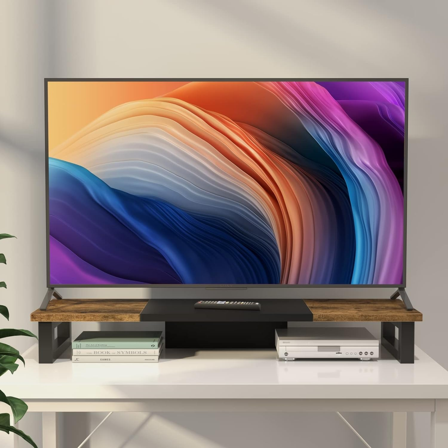 WESTREE Dual Monitor Stand Riser, Wood and Steel Monitor Stand Riser, Computer Monitor Stand for 2 Monitors, Multi-Purpose Desktop Storage Stand for Computer,Laptop,Printer,Tv image number 1