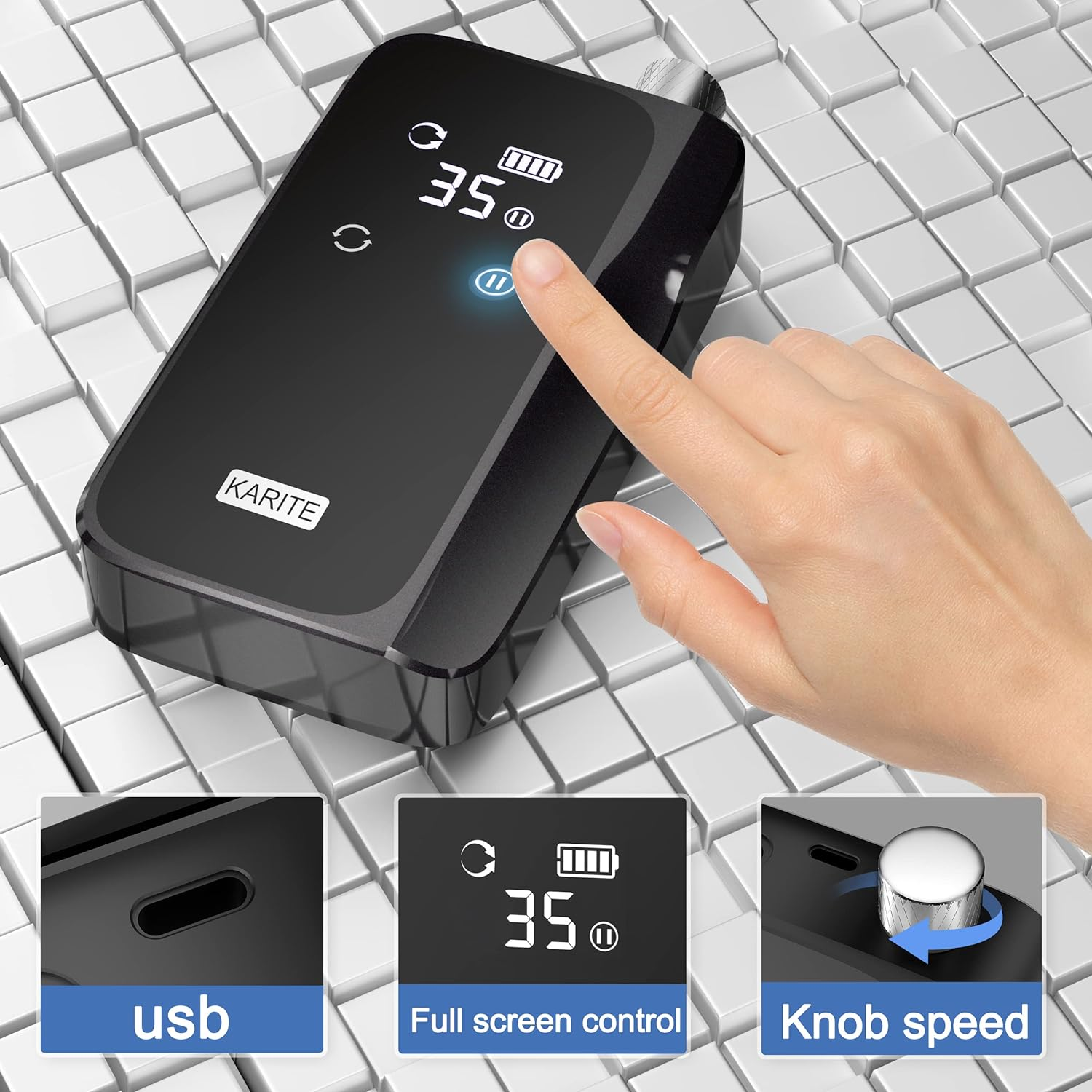 Karite Nail Drill for Acrylic Nails Professional, 35000RPM Portable File, Electric Machine 24H Working Time, Coreless Motor and 12 Bits, Art Manicure Pedicure, Low Noise, Bright Black image number 6