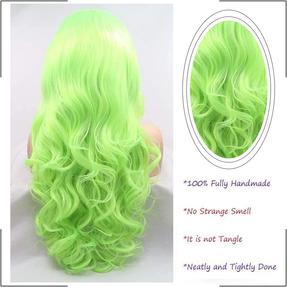Afbeauty Neon Green Synthetic Lace Front Wig Long Body Wavy Fluorescent Green Side Part Wig Heat Resistant Fibre Soft Wigs for Women Cosplay image number 2