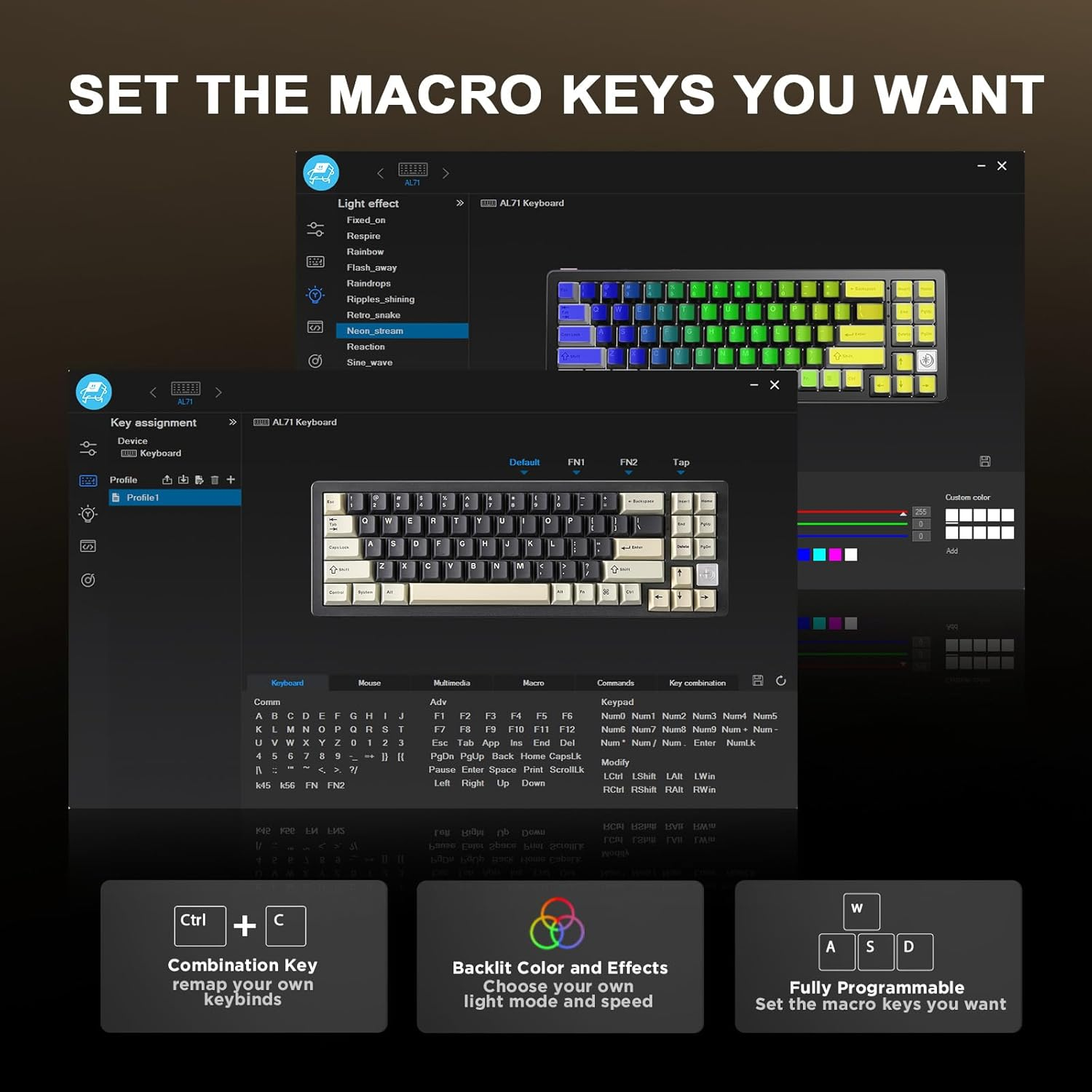 YUNZII AL71 75% Mechanical Keyboard, Full Aluminum CNC, Hot Swappable Gasket, 2.4Ghz Wireless BT5.0/USB-C Wired Gaming Keyboard,Nkro Programmable RGB Backlight,For Win/Mac(Black,Crystal White Switch) - Black image number 5