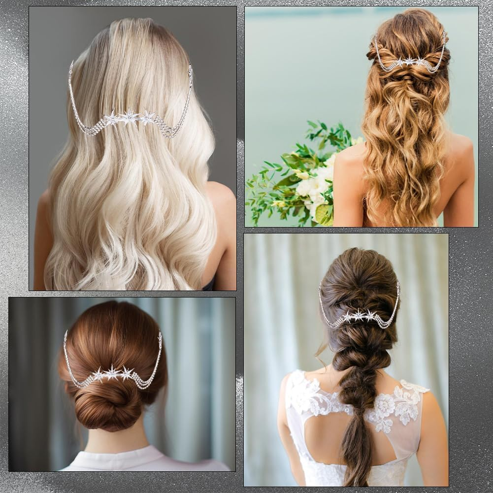 CABODYALS Silver Hair Comb with Multilayer Rhinestone and Star Fashionable Crystal Tassel Fringe Chain Tendrils Headpiece Heavenly Glitter Hair Clip Headband Jewellery for Women Wedding Party Outfi image number 5