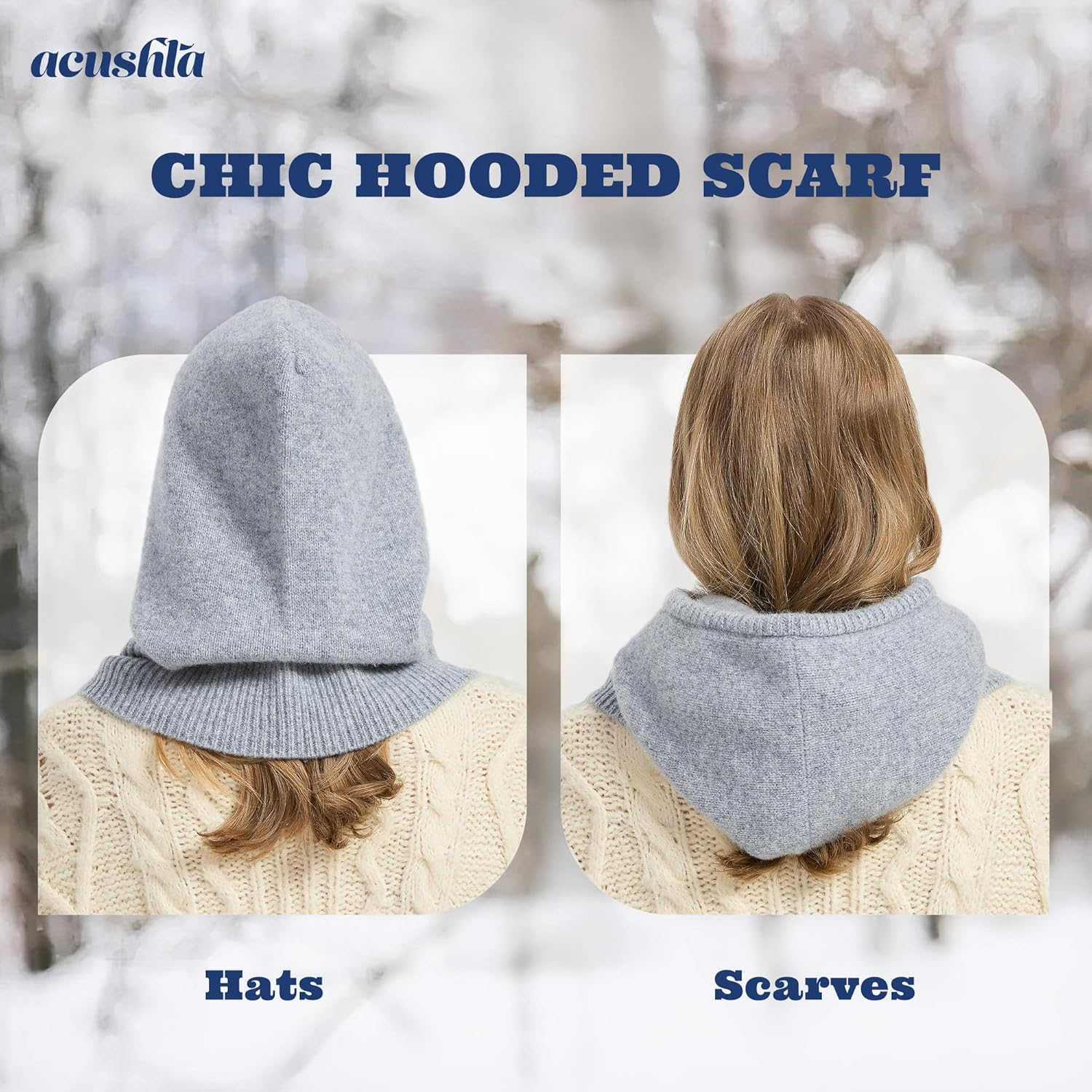 ACUSHLA 100% Merino Wool Balaclava for Women & Men Winter Warm Knit Hooded Scarf Hoodie Hat and Scarf Set in One - Coffee image number 6