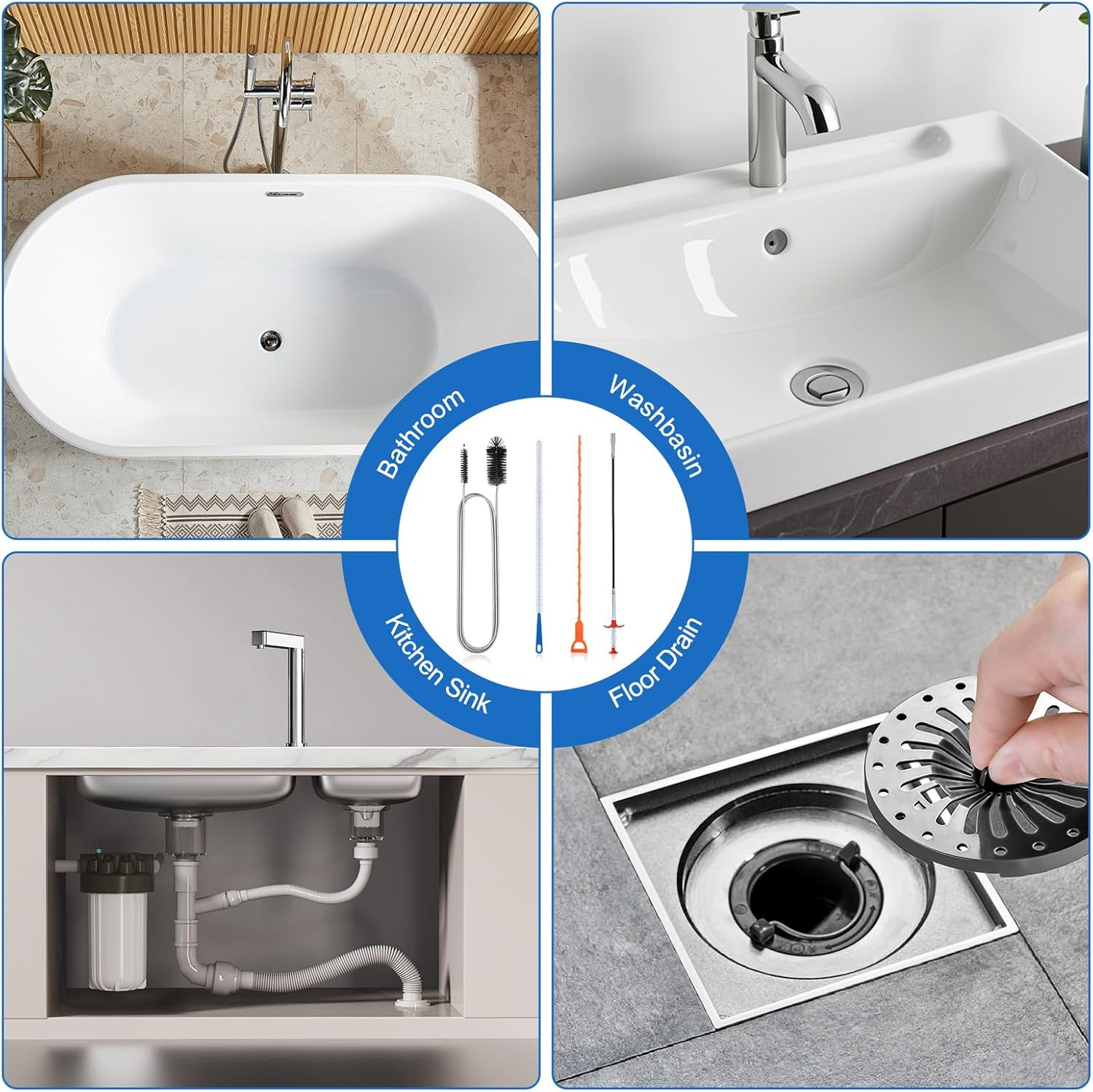 Cozary Pack of 4 Drain Cleaner Spiral, Double Head Pipe Cleaning Brush, Stainless Steel Duct Cleaner, with Pipe Cleaner, Drain Brush and Flexible, Drain Brush, for Drain in Kitchen and Shower image number 2