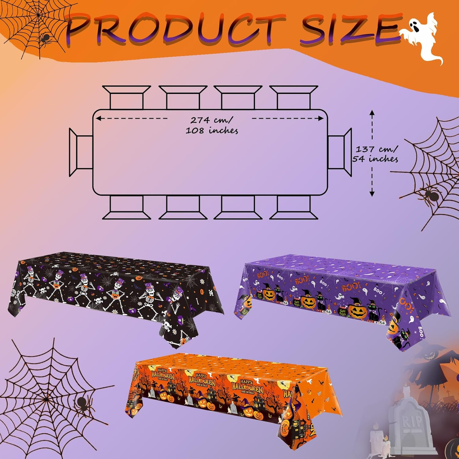 OQOQ Halloween Tablecloth (3, Black Orange Purple), 108X54 Inches Halloween Plastic Table Cloth Disposable Party Favors Pumpkin Boo for Outdoor Indoor Table Decor Backdrop Banner Party Supplies