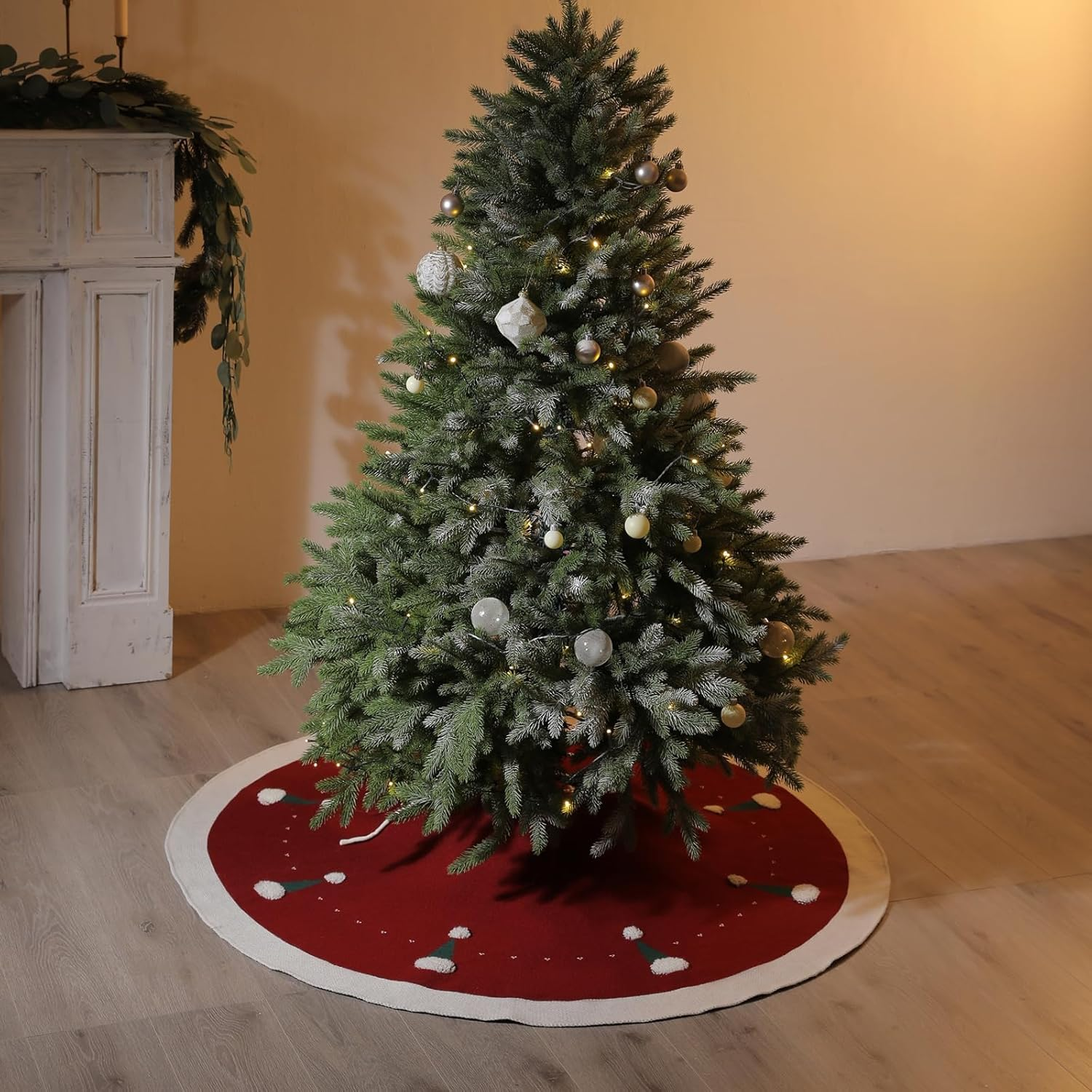 VNPONV Knitted Christmas Tree Skirt 48 Inches, Large Red Tree Skirt Luxury Christmas Decorations, Thick Xmas Tree Skirt with Cute Christmas Hat and White Fluffy Ball for Holiday Party Christmas Decor image number 1