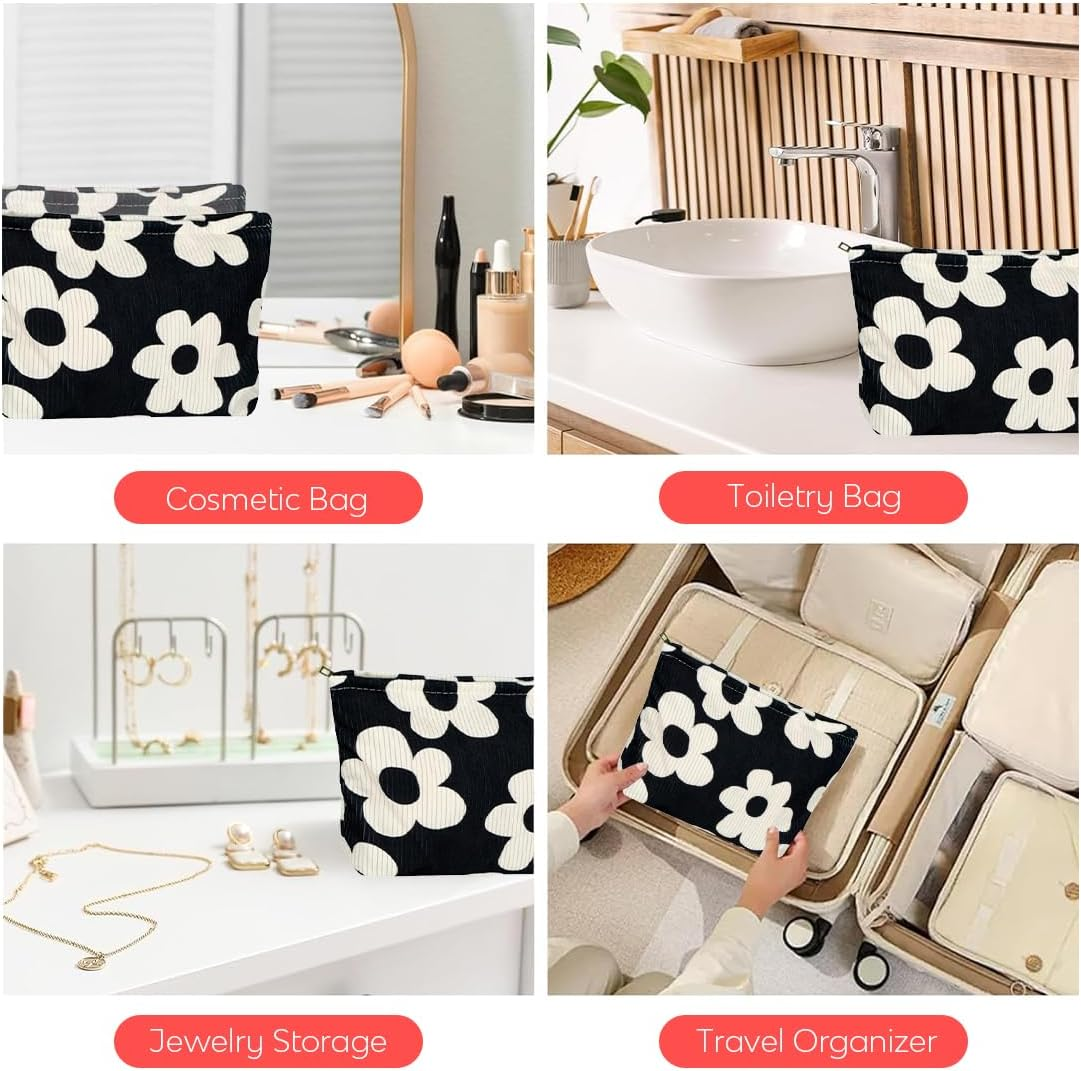 JYNVO Cosmetic Bag Small Flower Make up Bag Women Girls Makeup Bag Organiser for Travel Gift - Black image number 5