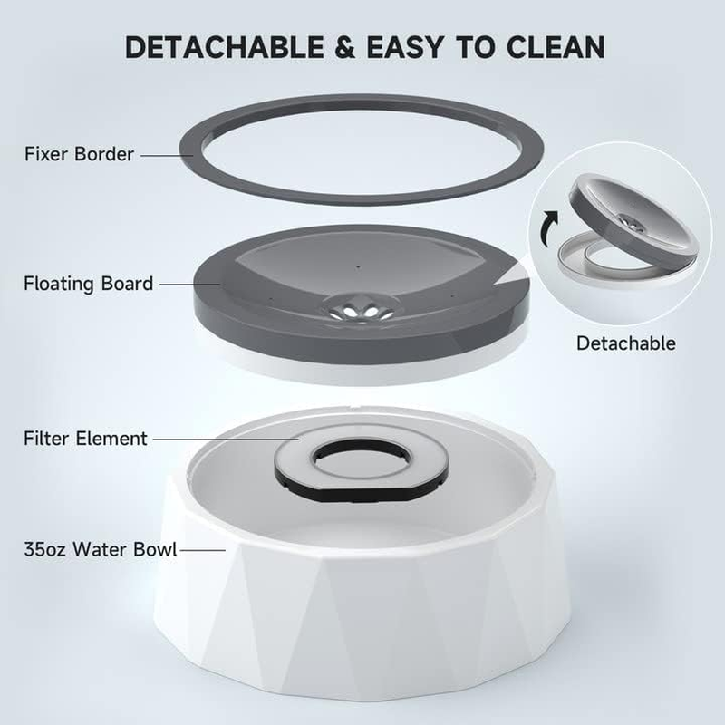 ELS PET Dog Bowl No Spill, Pet Water Bowl No Drip Slow Water Feeder Cat Bowl, Pet Water Dispenser Large Capacity Travel Water Bowl for Dogs, Cats (1L, Grey with Filter)