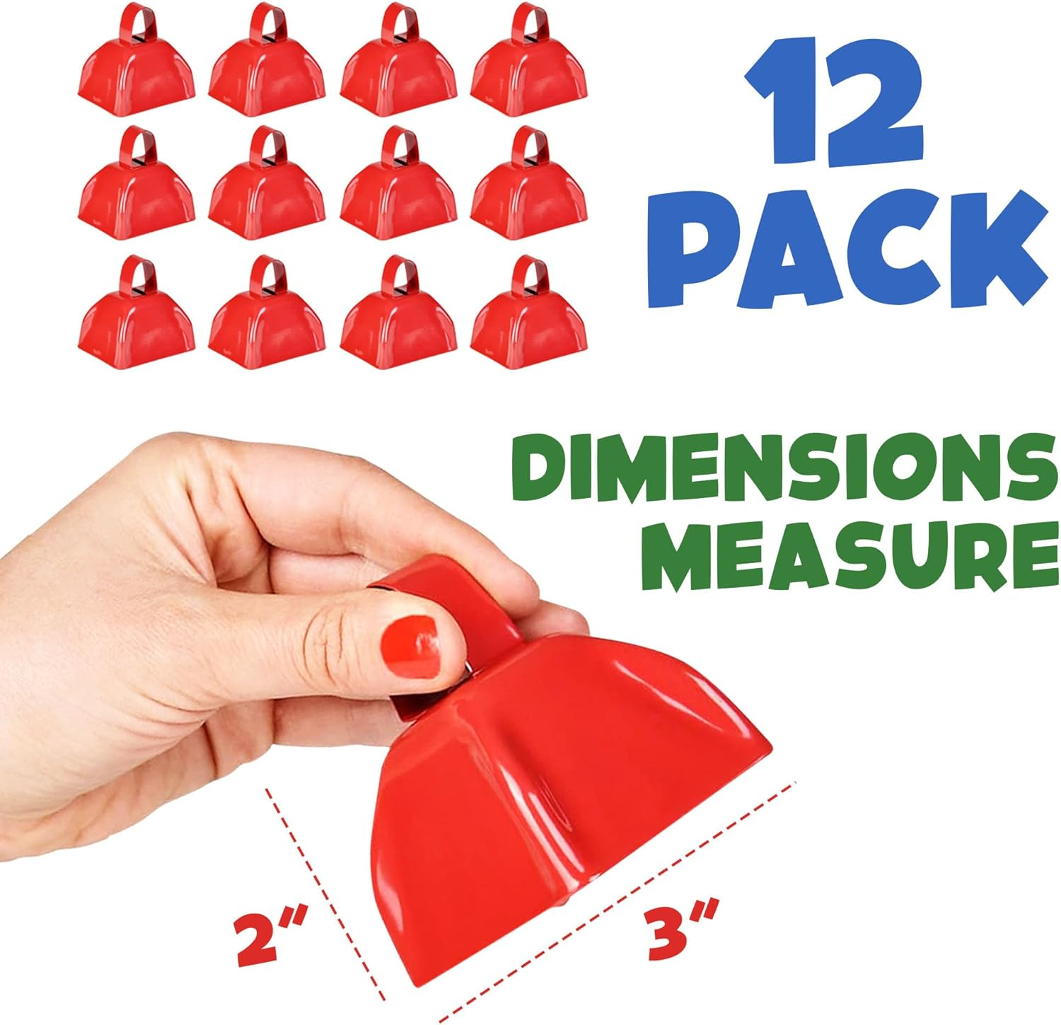 Metal Cowbells - Red 3 Inch Cow Bells Noise Makers, Loud Call Bell with Handles for Sporting Events, Cheering, Team Spirit, Noisemakers, Weddings, (Pack of 12) image number 3