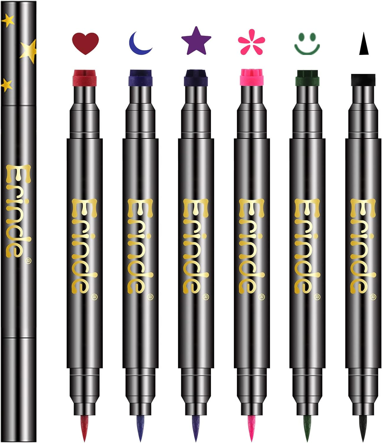 Erinde 6 Colors Double-Headed Liquid Eyeliner Stamp Pen Set, Blue Red Pink Purple Green Black Colorful Winged Eye Liners for Women, Waterproof Long-Lasting Star Moon Heart Halloween Eye Face Makeup image number 6