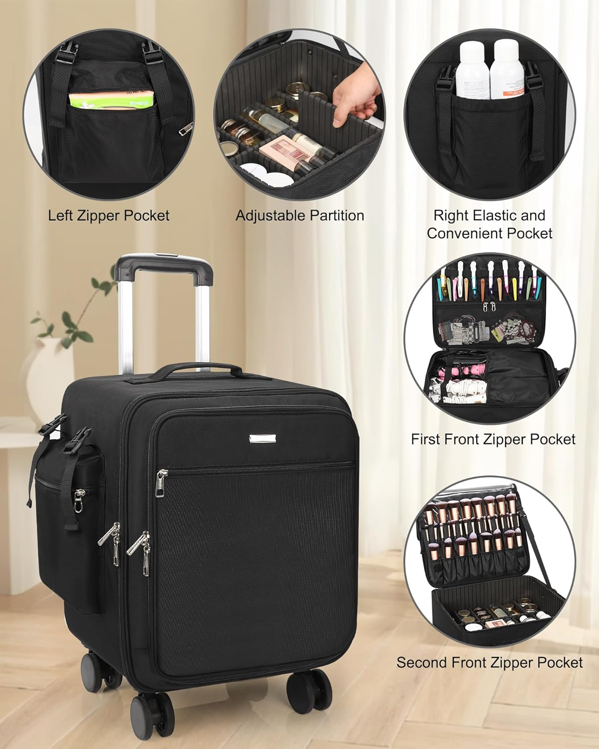 Rolling Makeup Case Professional Makeup Train Case Makeup Artist Travel Organizer 4 in 1 with Detachable Cosmetic Case and Dual Makeup Brush Case and Wheels (Black, 4-Pack) image number 6