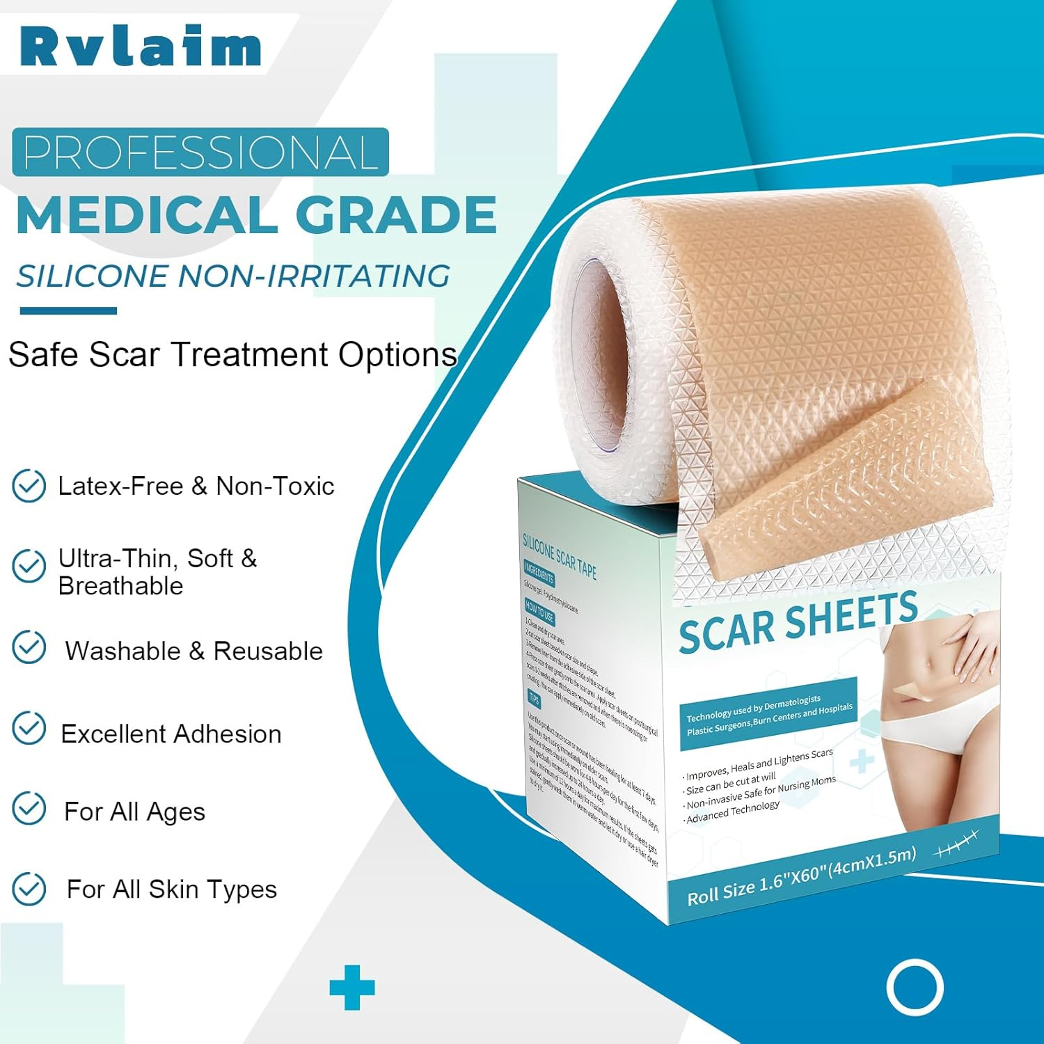Silicone Scar Sheets, Silicone Scar Tape(1.6&rdquo;X 60&rdquo; Roll-1.5M), Silicone Scar Strips, Professional Scar Removal Sheets for Surgical Scars, Keloid, C-Section, Burn Et image number 1