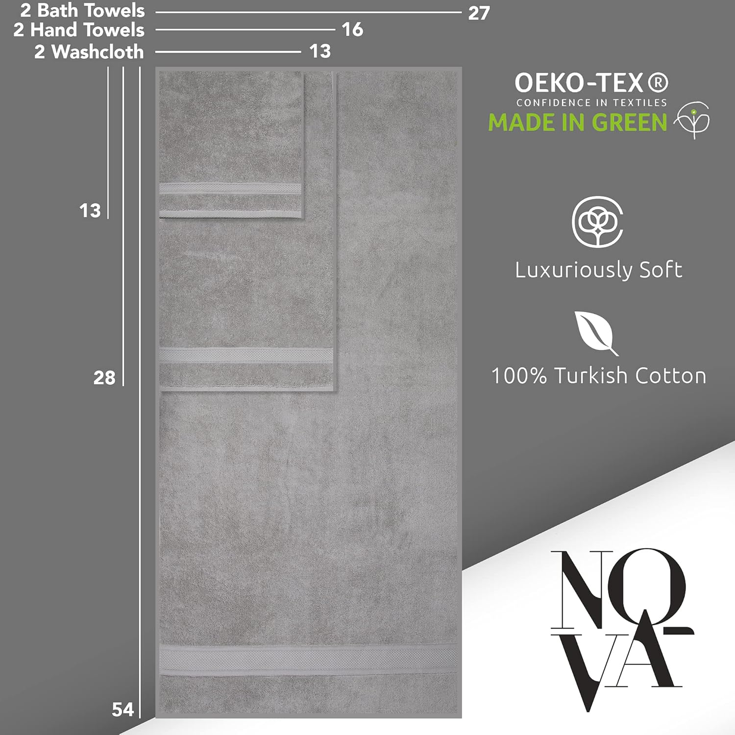 NOVA Luxury Linen - Hotel Quality Turkish Towel Set for Bathroom (6 Pcs Towel Set, Mirage Grey) image number 4