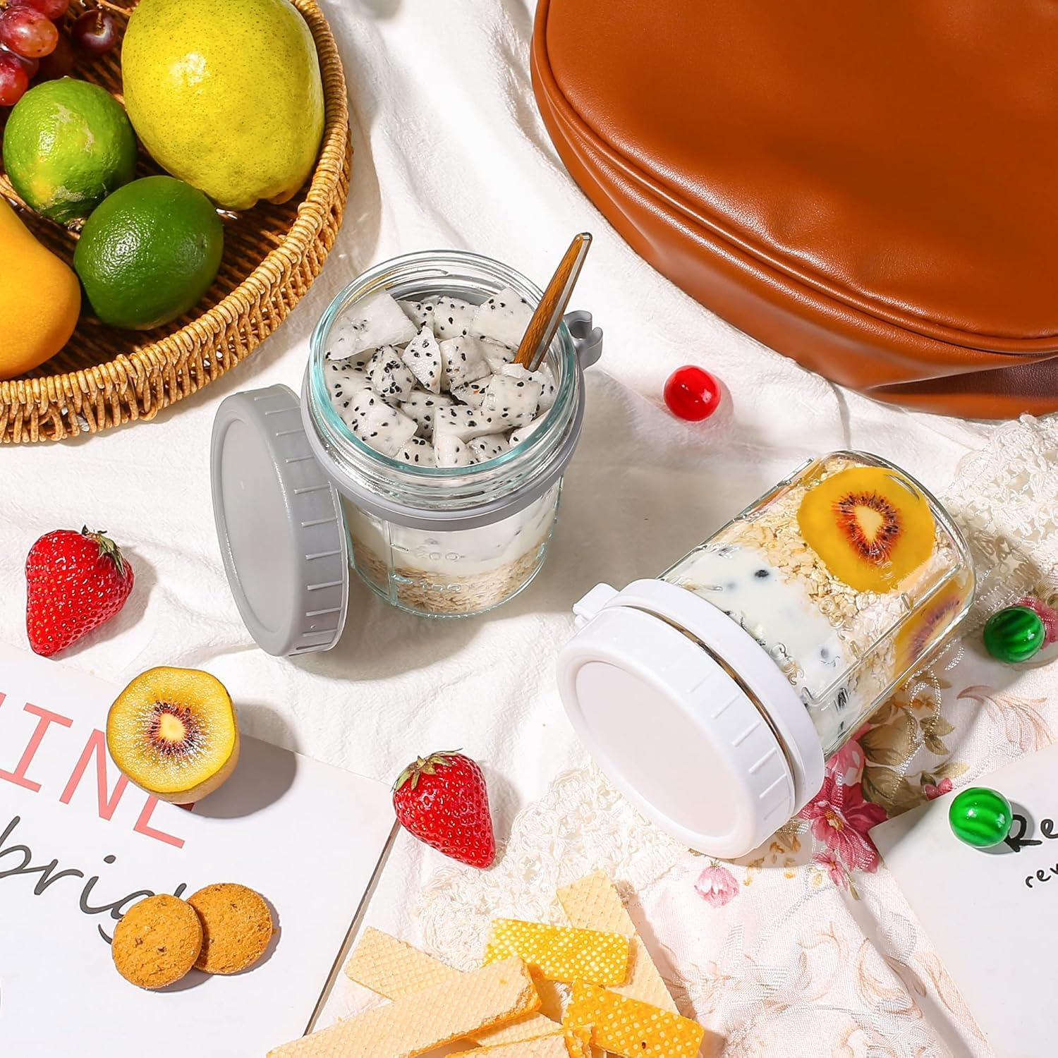 UPAUS 4 Pack Overnight Oats Containers with Lids and Spoons, 12Oz/350Ml Glass Mason Overnight Oats Jars, Leak Proof Oatmeal Container Meal Prep Jar for Cereal Fruit Vegetable Milk Salad Yogurt image number 3