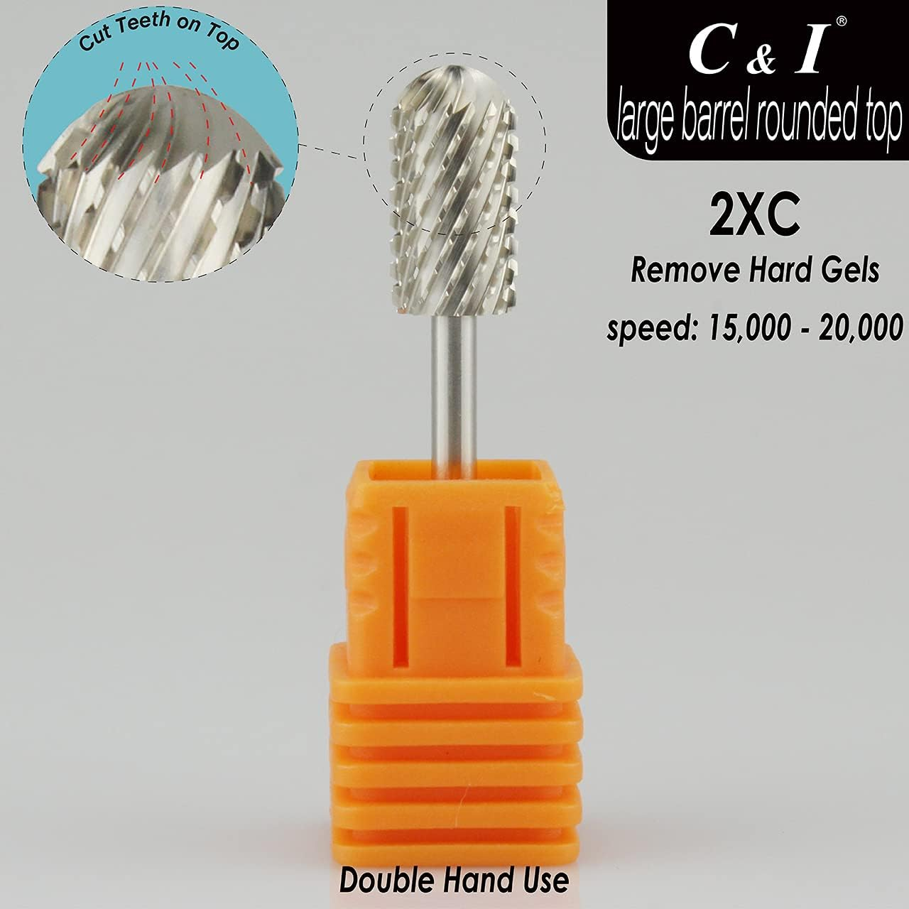 C & I Rounded Top Nail Drill, Large Barrel Edition, E-File Head for Nail File Machines, Design for Quick Remove Gel Nails (Double Coarse - 2XC) image number 3