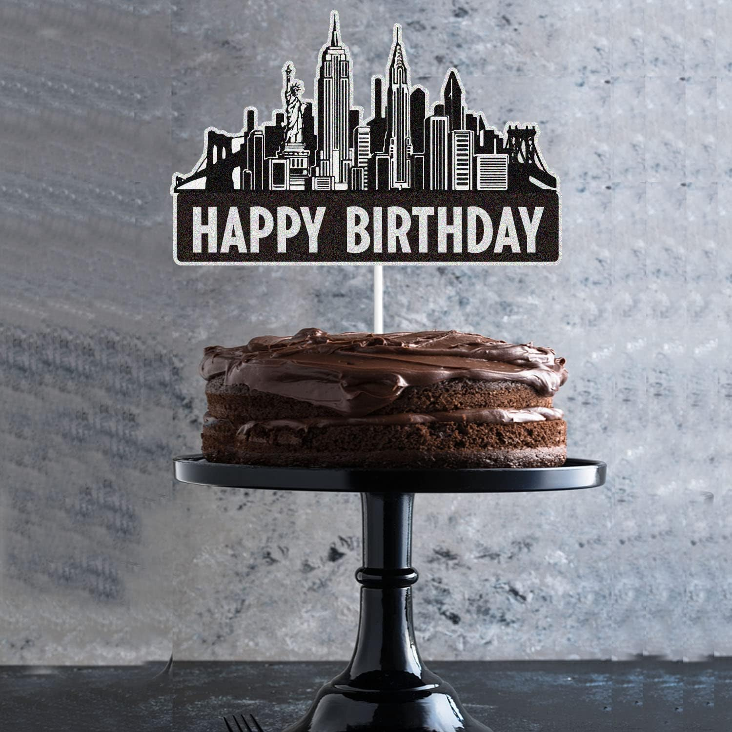 New York City Cake Toppers Black Glitter NYC Cityscape Bday Party Cake Decor Scenic Building Images Lighted City Backdrop Party Decoration Supplies image number 1