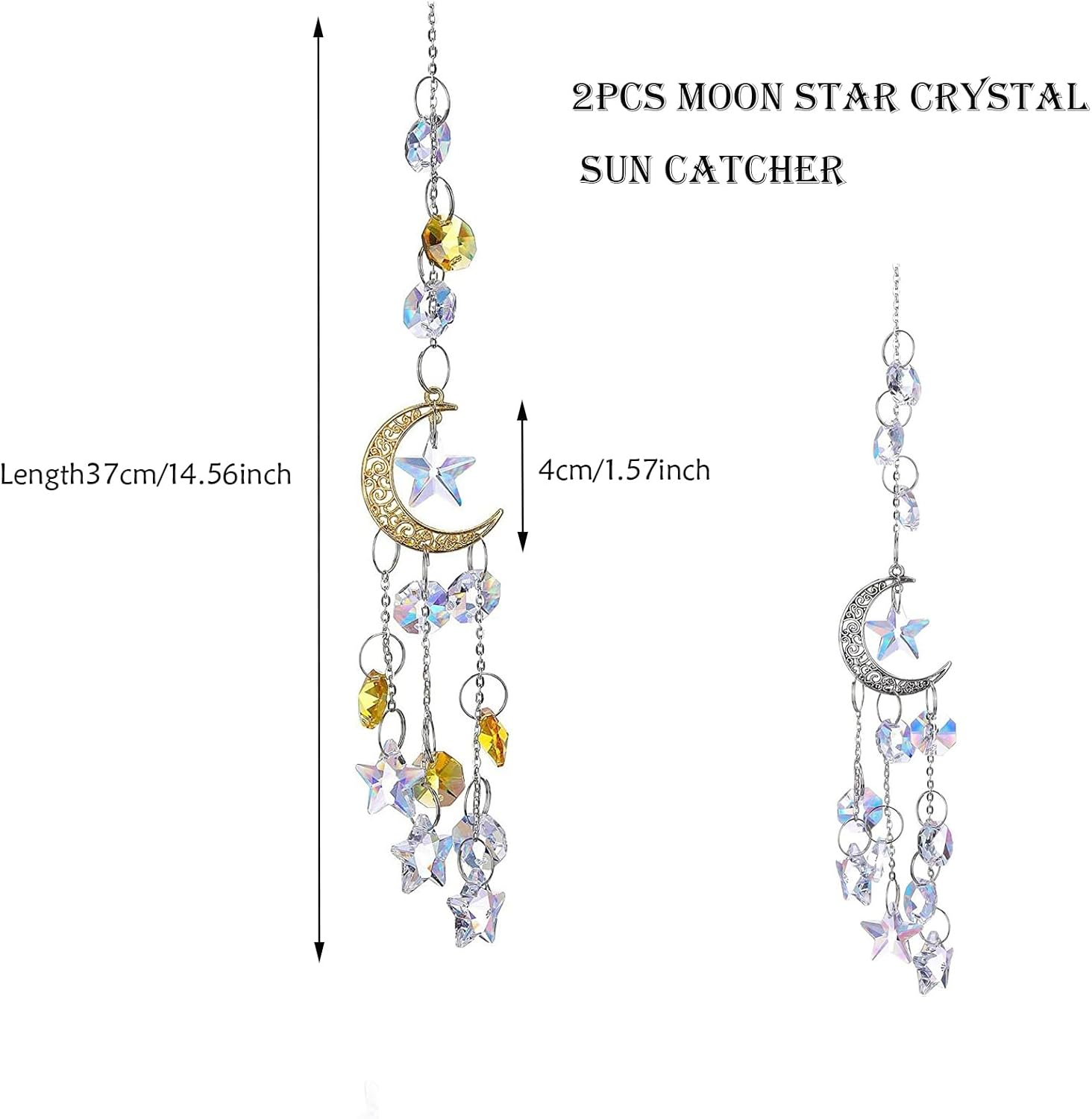 2Pcs Hanging Crystal Sun Catcher, Moon Star Crystal Prism Chain Rainbow Sun Catcher, Home Garden Windows Car Indoor Outdoor, Wedding Decoration (Gold + Silver) image number 5