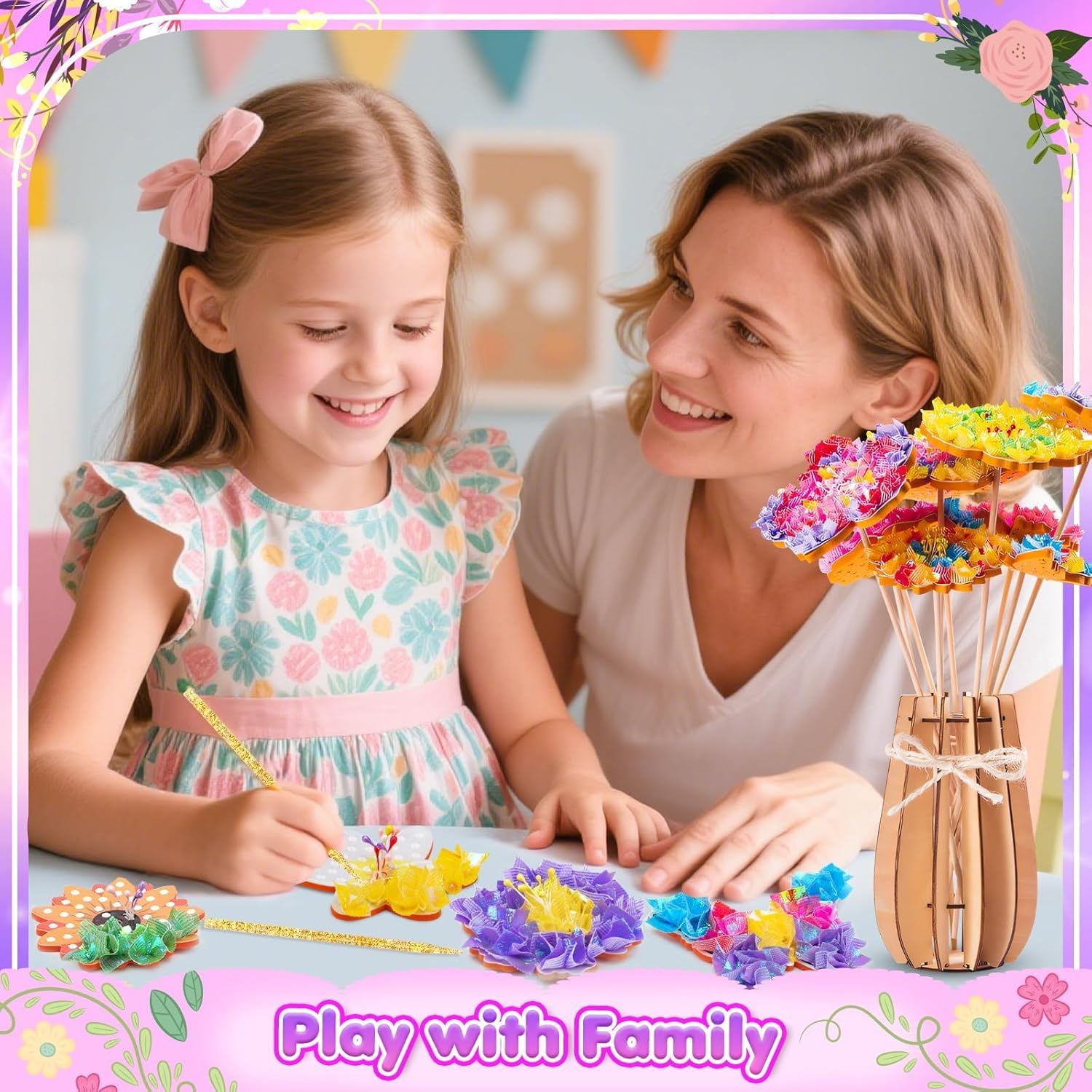 Poke-In Art Flower Bouquet Craft Kit for Girls Ages 4-12, DIY Creative Activity with 8 Flowers, 2 Butterflies & Wooden Vase, Mess-Free Kids Arts and Crafts, Birthday Gift Toys for 4 5 6 7 8 9 Year Old