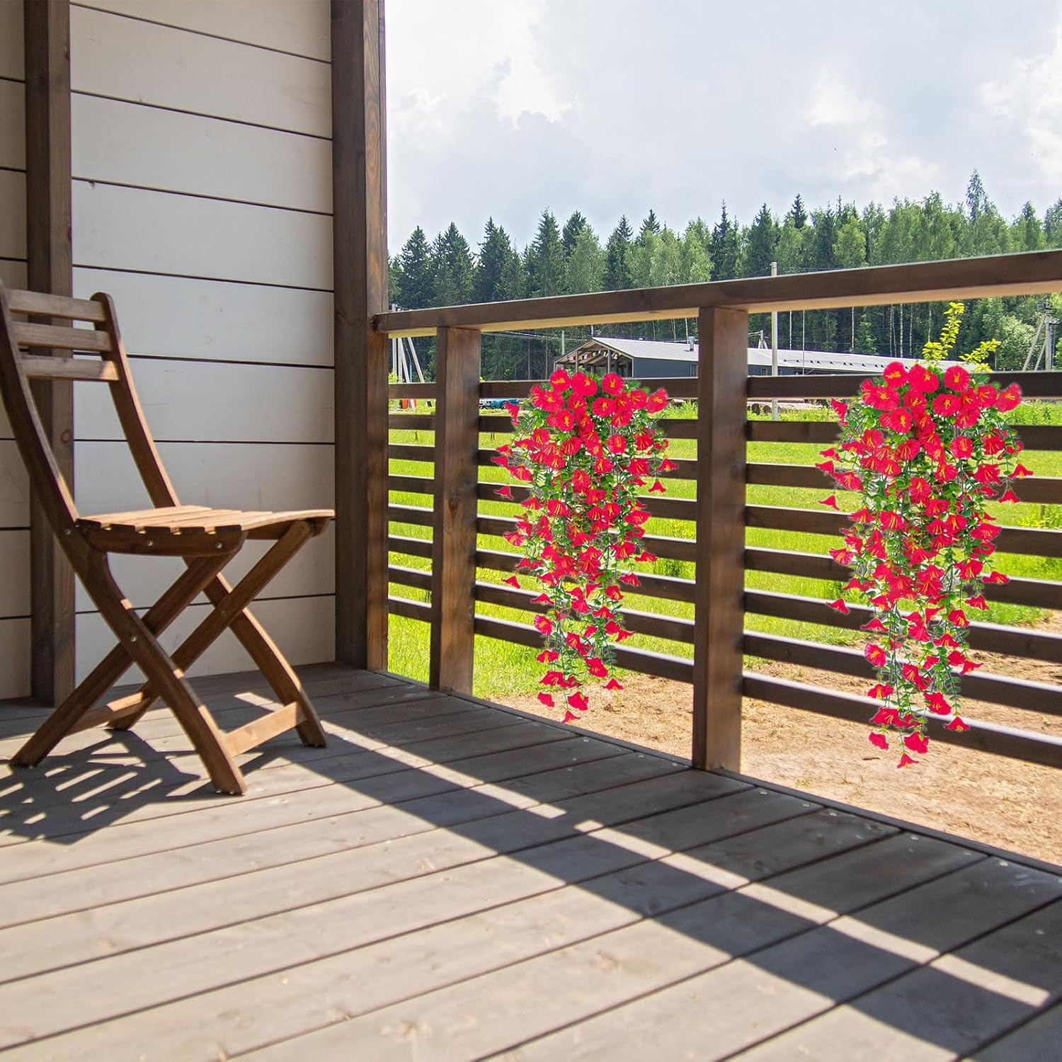 Yimingjin Artificial Fake Hanging Flowers Plants for Spring Decoration, 2PCS Silk Morning Glory Faux Flowers with Eucalyptus Leaves, UV Resistant Trailing Vines Outdoor Home Planter (Red) image number 5