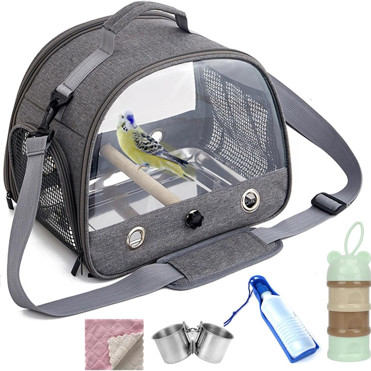 Bird Carrier Travel Cage with Stand (With Tray), Small Bird Travel Carrier for Parrot with Perch, Small Pet Cage for Transport - Parakeet Holder Bag with Strap, Side Access Window (Blue)