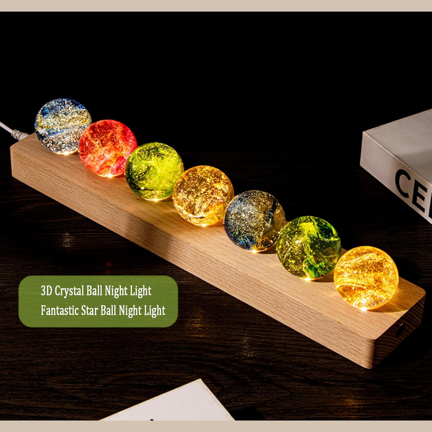 3D Crystal Ball Night Light, Fantastic Star Globe Night Light, Colourful Mini Glass Health Globes with Wooden Base, Ice-Cracked Crystal Ball in 7 Colours, Photography Ball Gift for Home, Living Room image number 2