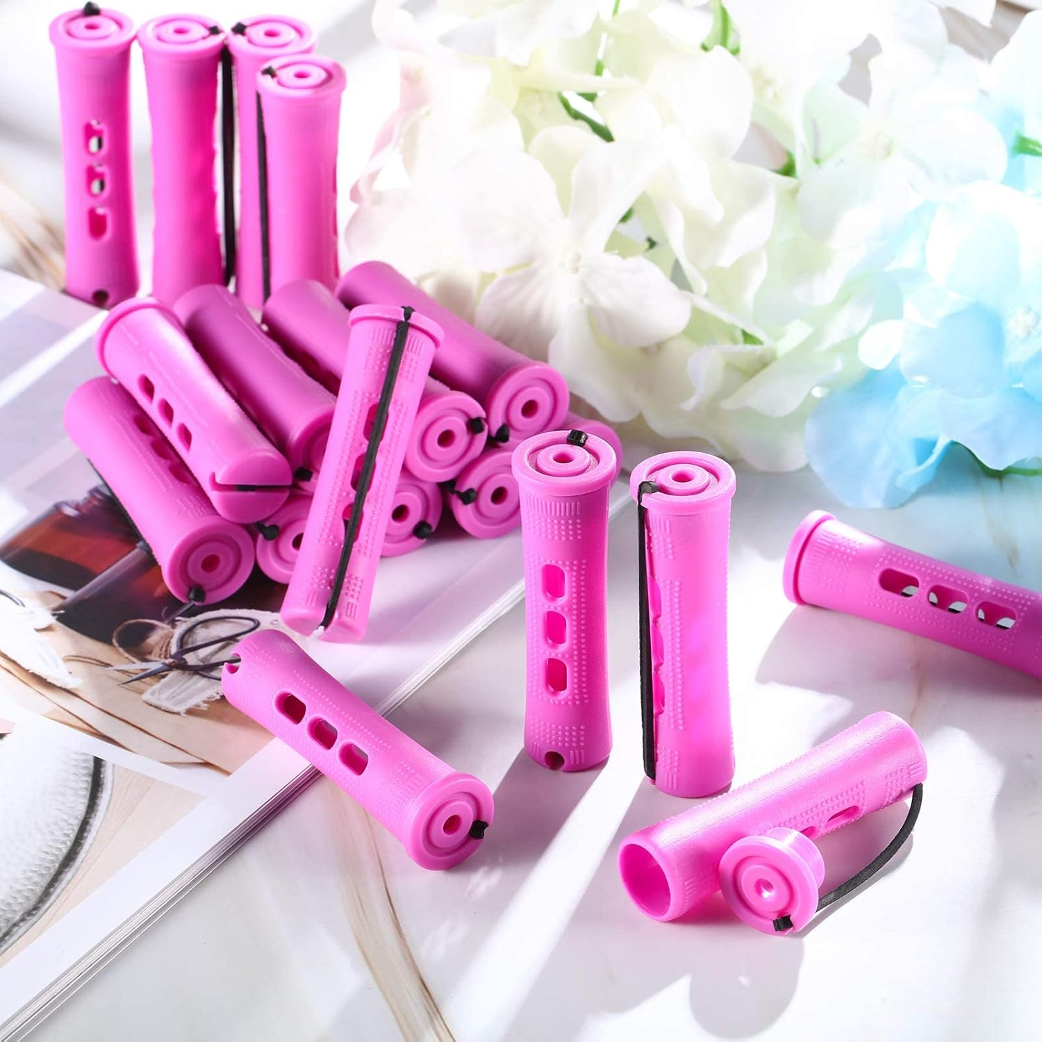 60 Pcs Short Perm Rods Natural Hair Perm Rods with Elastic Rubber Band Non Slip Plastic Perming Cold Wave Kit for Women Hairdressing Styling Tool(0.75 Inch,Purple) image number 5