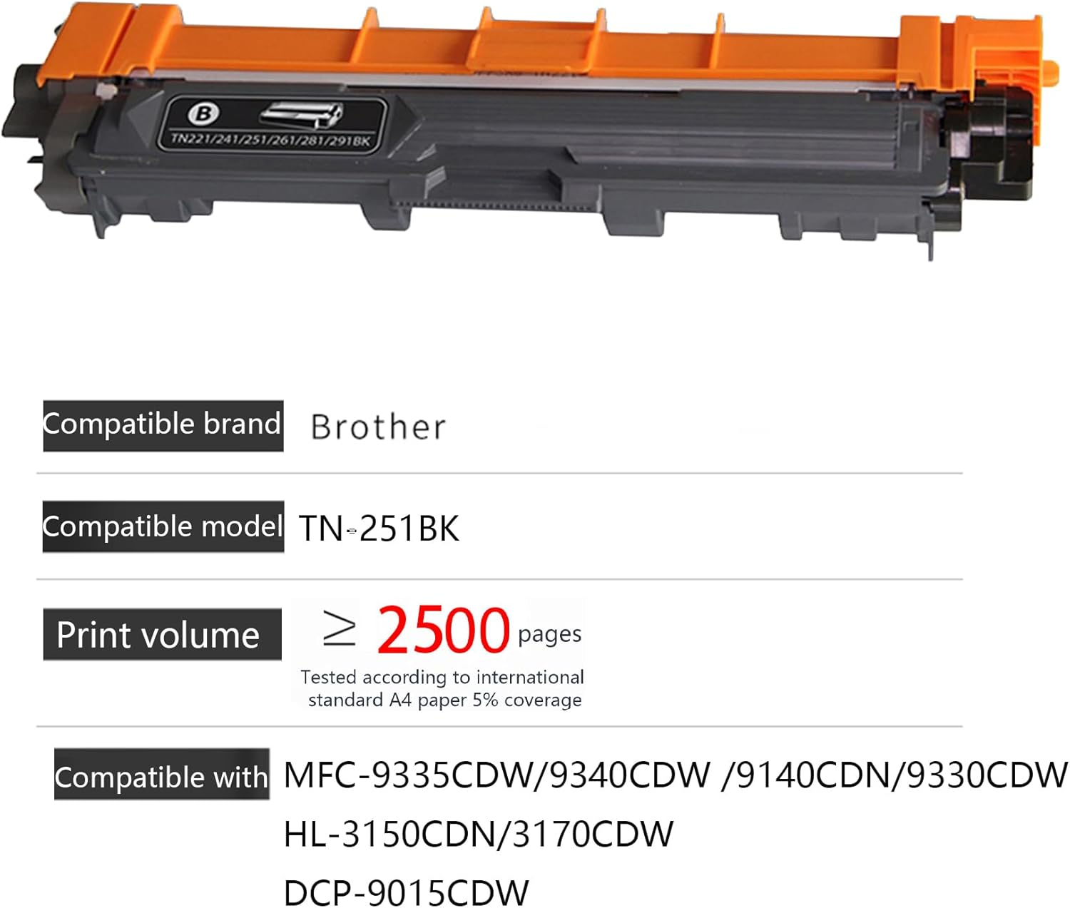 JOJOBE TN-251BK Compatible Toner Cartridge with Brother MFC-9335CDW 9340CDW 9140CDN 9330CDW HL-3150CDN 3170CDW DCP-9015CDW , 2500 Pages per Cartridge Black image number 5