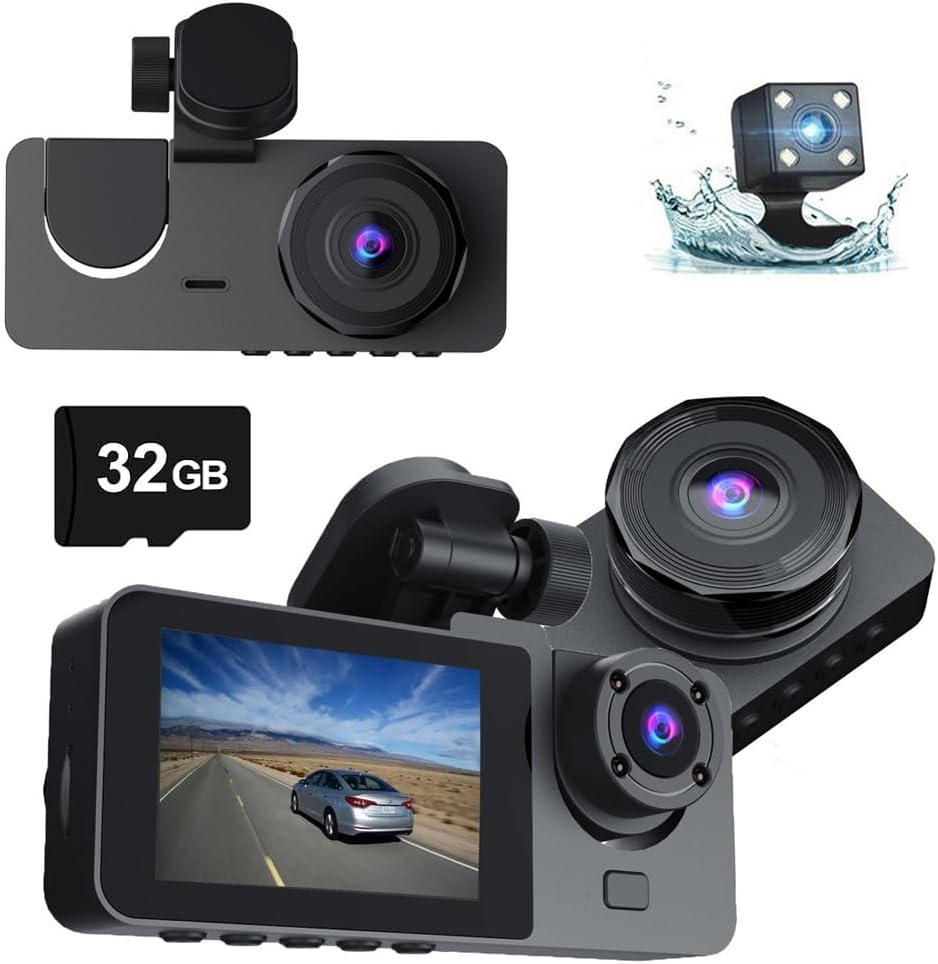 3 Channel Dash Cam Front and Rear inside for Cars, Full UHD Car Camera with 32GB Card, IR Night Vision, 3.18&rdquo; IPS Screen, 176&deg; Wide Angle, 24H Parking Monitor, G-Sensor, Loop Recording