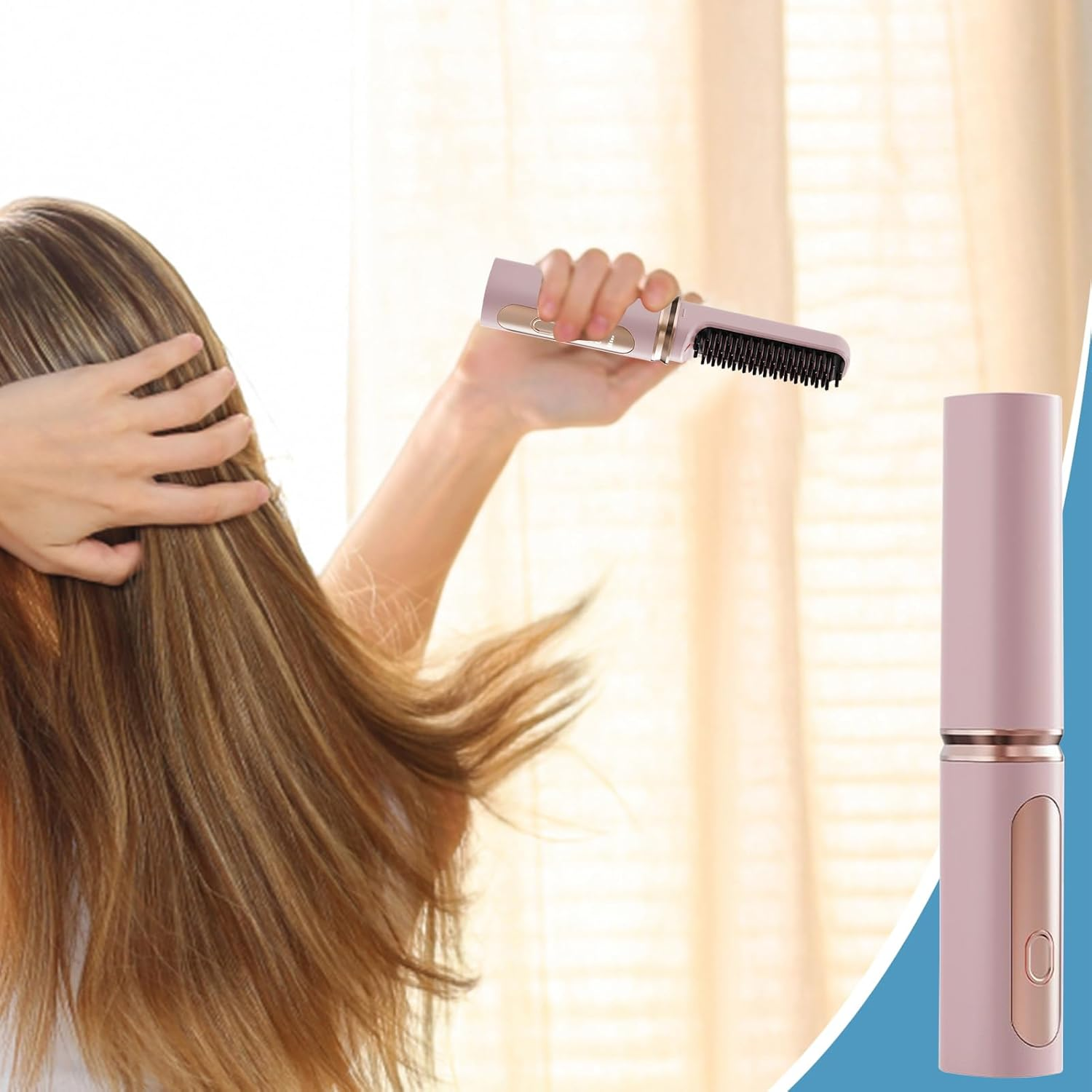 Zjhukfmc Brush Straightener for Women - Cordless Hair Straightening Brush - Fast Heating Rechargeable Curling Iron with Adjustable Temp, Less Heat Damage Curler for Women Home Travel - Blue image number 3