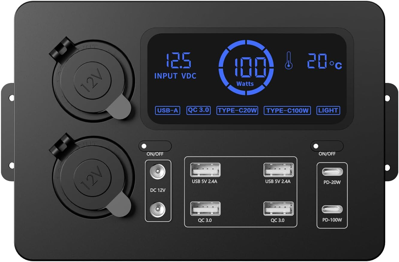LAPOOH Mini Power Box, 12V 100W LCD Display Power Box with LED Lights, USB-C & QC3.0 Ports, Portable Control Hub for Rvs, Suvs, Boats, Yachts, Cars image number 5