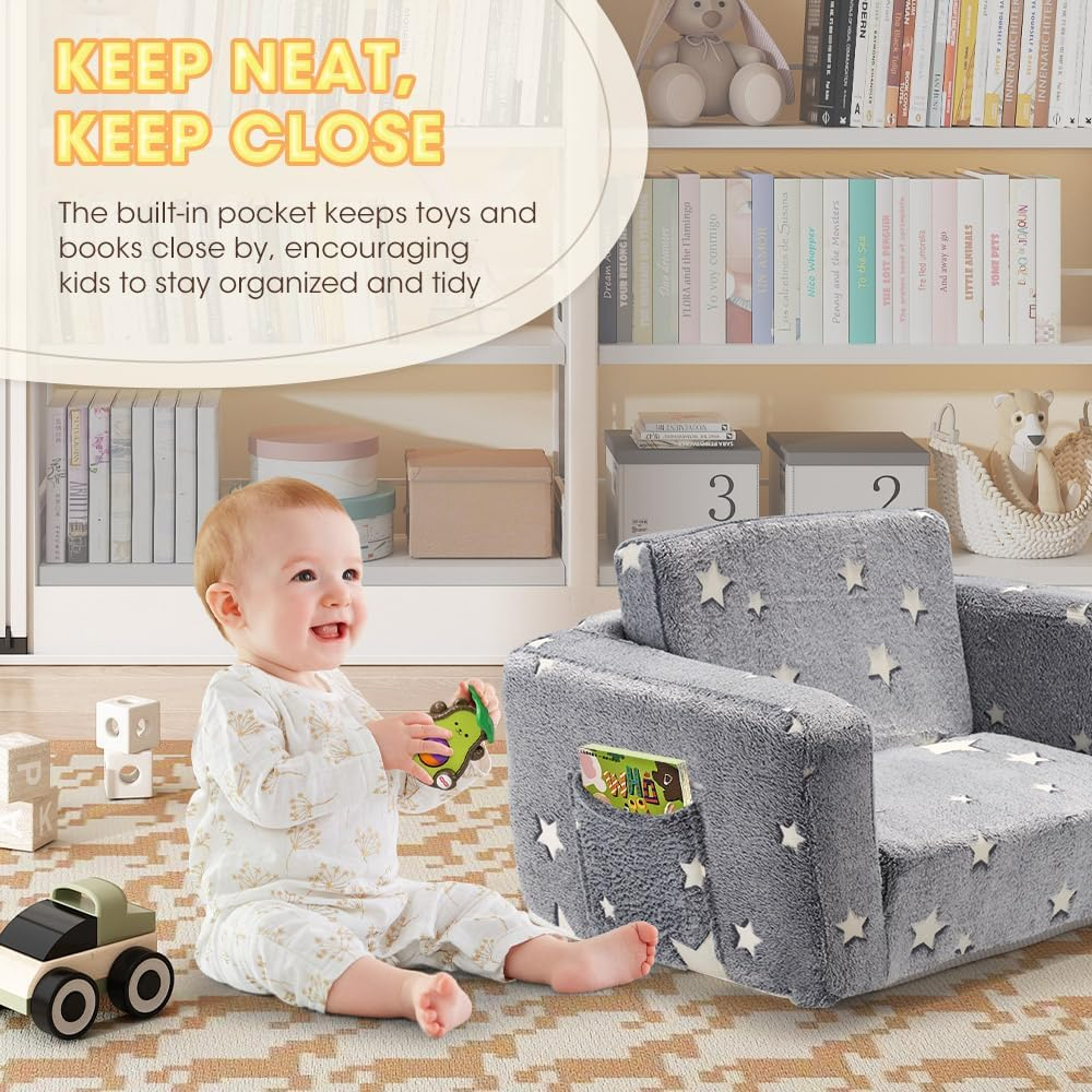 Playpals Kids Sofa Couch 2-In-1 Kids Flip Out Sofa, Convertible Sofa Bed to Lounger with Cute Star Designs, Glow in the Dark, Removable Washable Cover, Kid Couch for Girls Boys, Grey image number 2