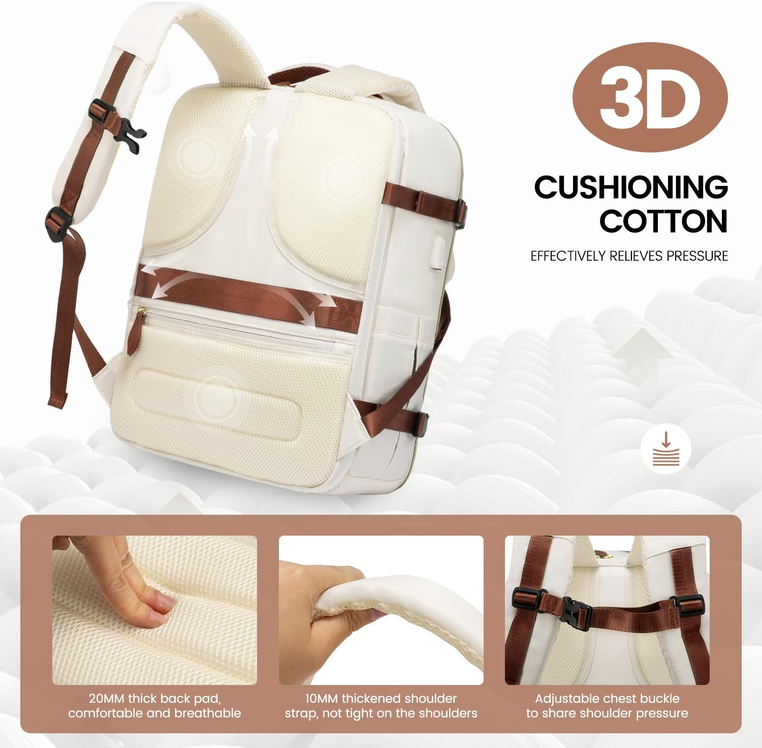 LOVEVOOK Travel Backpack for Women, 40L Carry on Backpack with 3 Packing Cubes,Tsa Personal Item Travel Bag Airline Approved, Water Resistant Weekender Overnight Luggage Daypack, Fits 17 Inch Laptop - Black-Beige-Brown image number 7