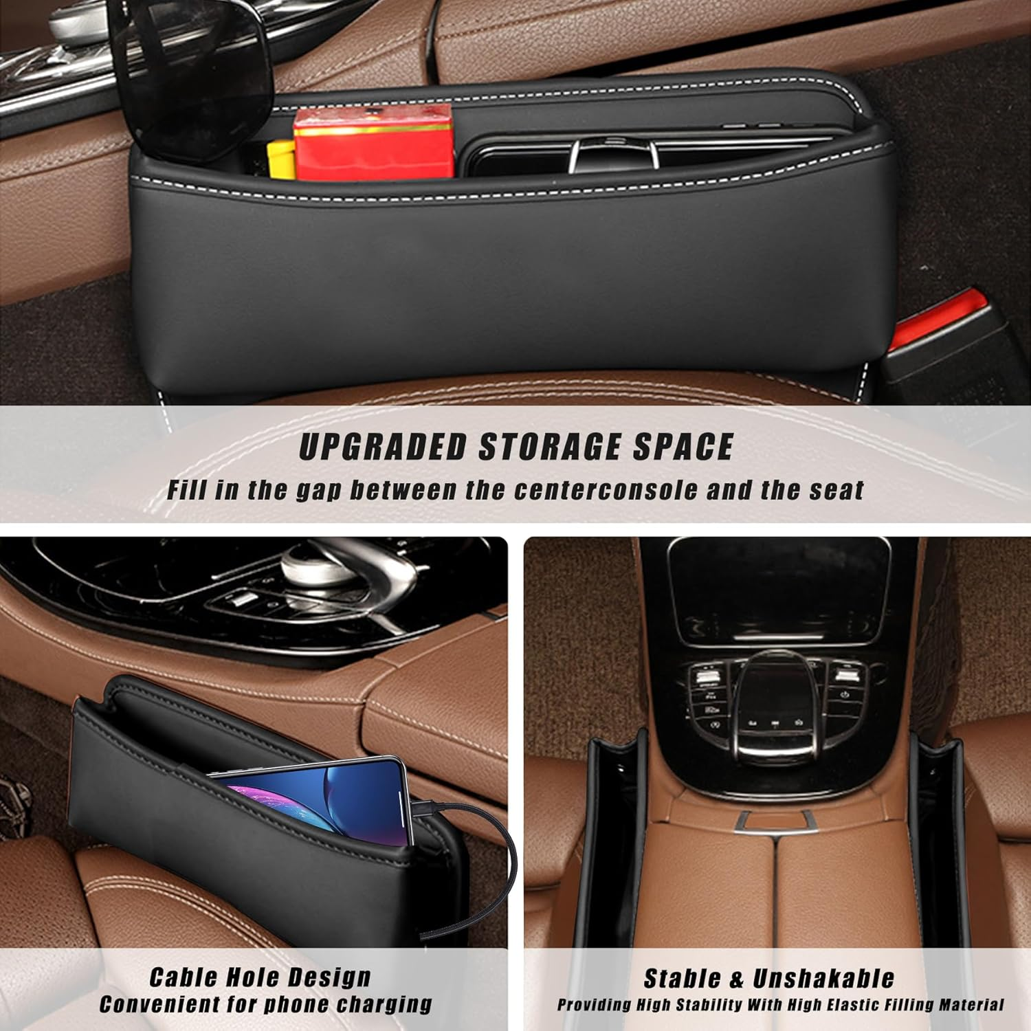 YQDUVNEY Car Seat Gap Filler, Universal Leather Car Storage Organizer, Premium Car Seat Storage Box, Adjustable Gap Filler for Keys, Cards(2 Pack) image number 4