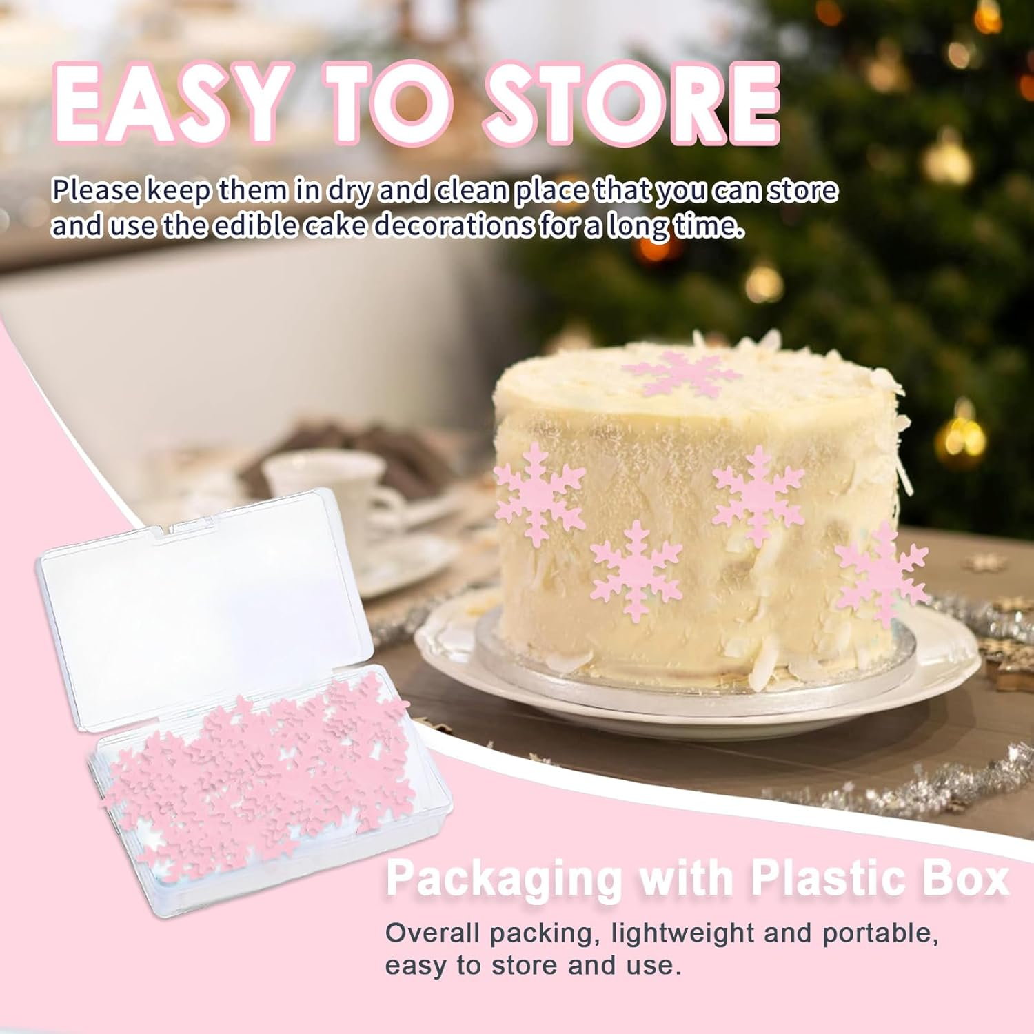 50Pcs Snowflake Cake Cupcake Topper, Edible Winter Frozen Snowflake Cake Decorations Edible Wafer Paper for Birthday Party Decor Supplies (Pink) - White+Blue image number 2